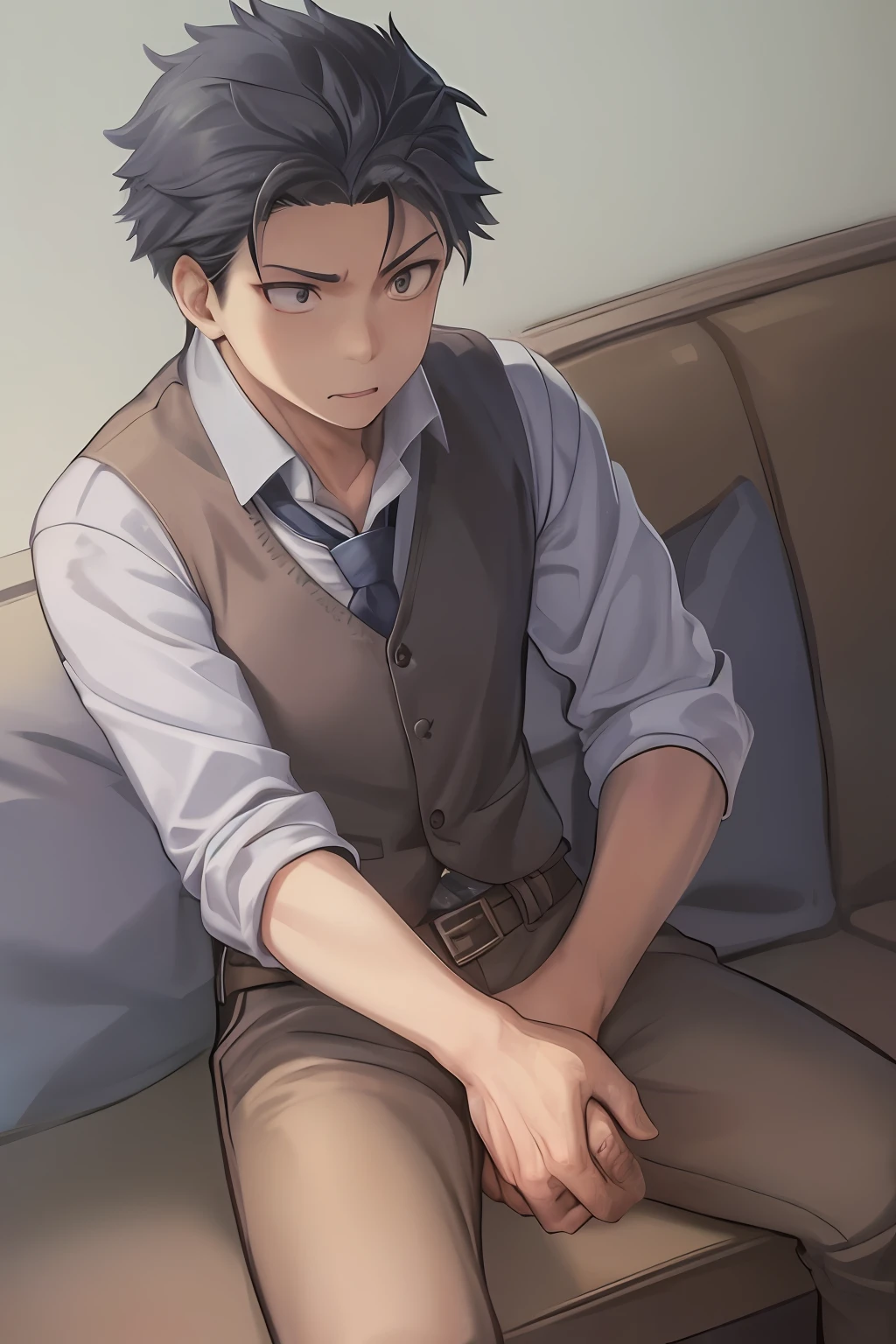 (1 Adult male),A high resolution, Sharp focus, Pixiv masterpiece, ((Complicated details)), highly detailed, natsuki_subaru, 1 man, with her mouth open,full bodyesbian,sit astride, blue colored eyes(eyes glowing), blue short hair,white shirt,Wear a tie,Wear a belt,perspire,look from down