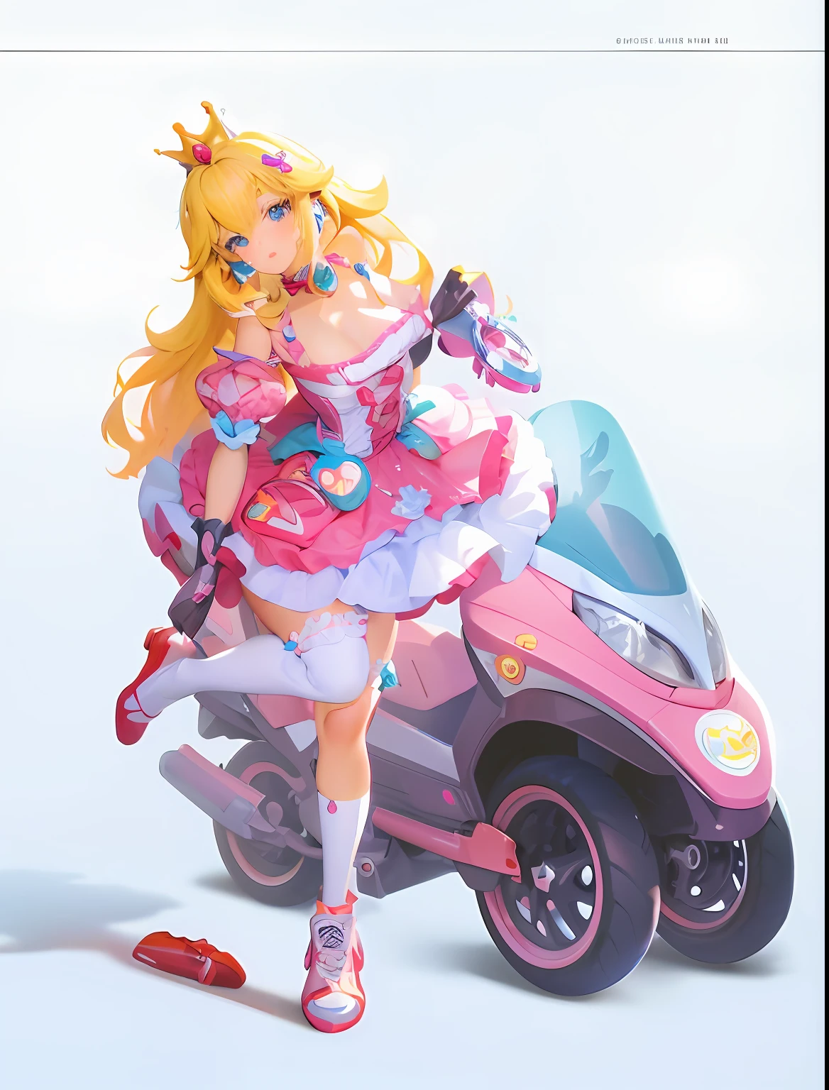 Anime girl riding motorcycle，Pink dress and pink helmet, Kushatt Krenz Key Art Women, Splash art anime Loli, peach princess), peach princess, anime art vehicle concept art, portrait of princess peach, a human-like juicy peach, small curvaceous loli, hyper concept art, zerochan art, cushart kenz, commission for high resolution