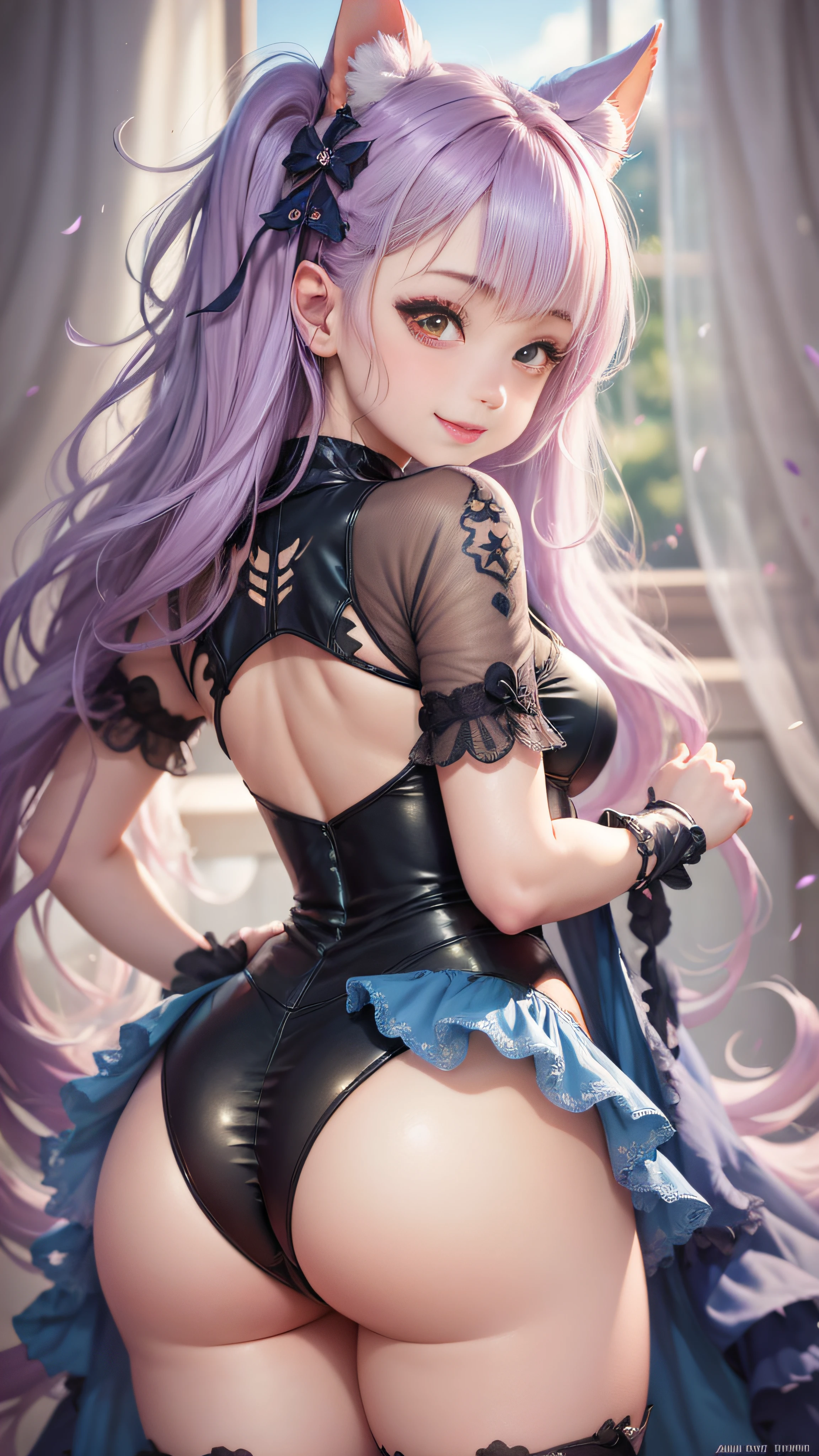 Super beautiful big glowing eyes、Anime - style image of woman in pink costume、Facing forward、Smiling、Draw anime by Sims、pixiv、furry art, Beautiful anime girl、azur lane style、from the azur lane videogame、small curvy loli、Illuminated from behind、Bend over、SFW version、Ahegao、Chic