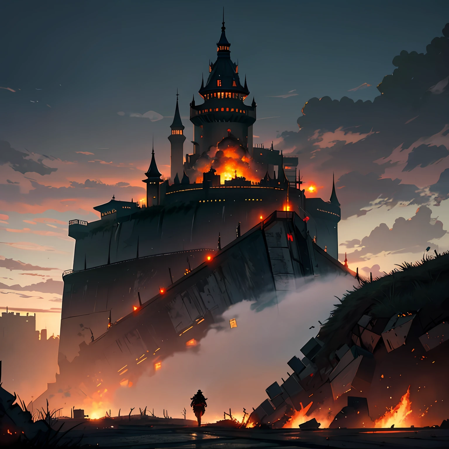 （A fortress surrounded by high walls，Doomsday city fortress），废墟，Dark black tones，Thick smoke，Wasteland，majestic architecture，Barren feeling，dangers，metalictexture，Feeling of heaviness