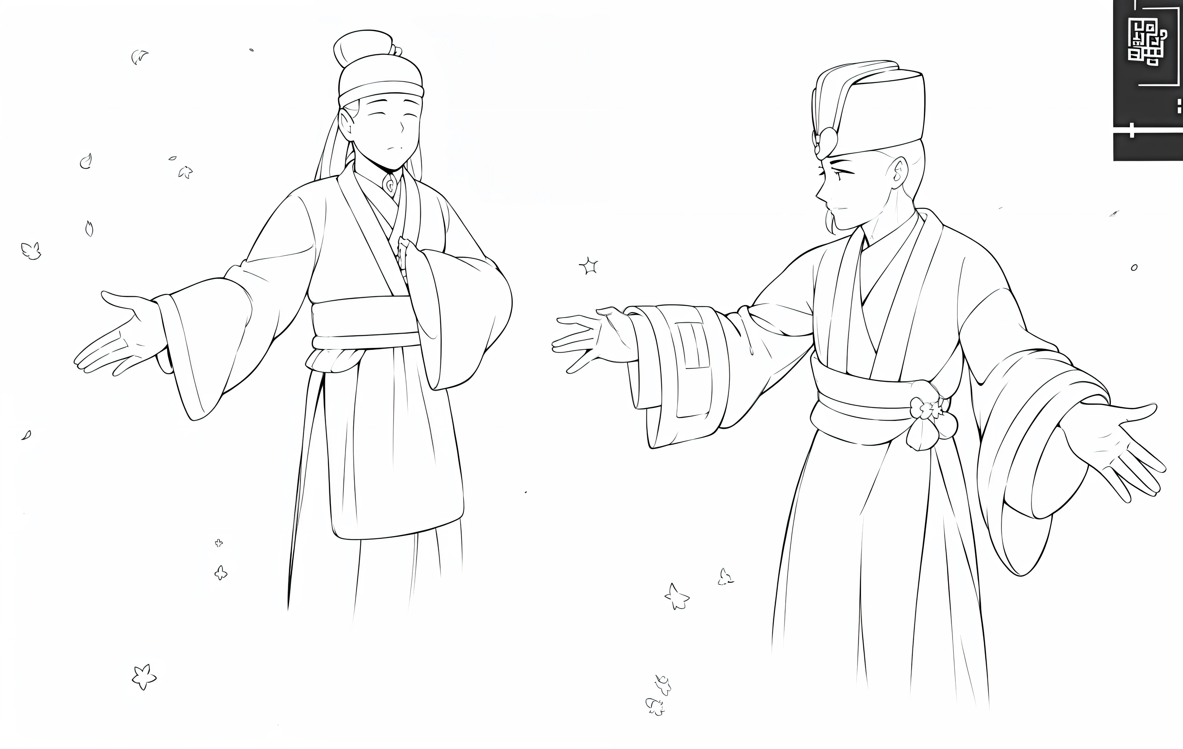 "A illustration,maximalist details,Storybook style illustration,inspired by Emperor Huizong of Song,Ultra-flat feel,The lines are black,Monochrome performance,In particular, Highlight the black and white manuscript effect,The background is predominantly simple,Painting with white background as background"
