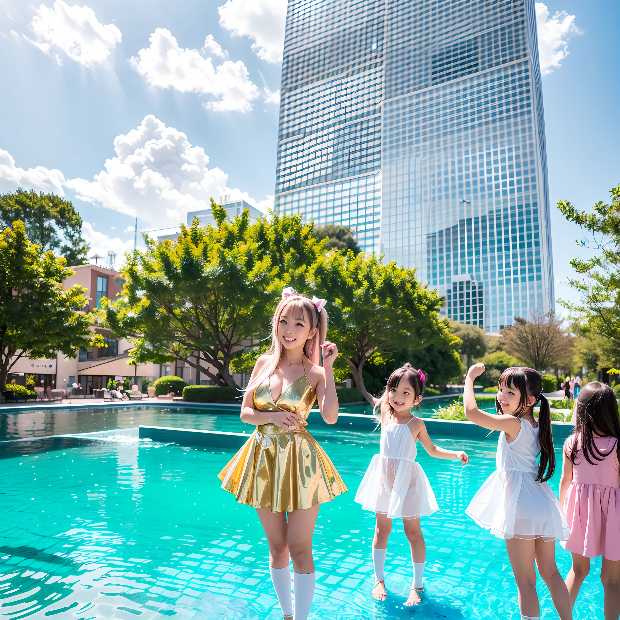 The 180-story infinity swimming pool of the tallest building in the city's Senli,Sports Center,bonsai,green trees,tulips,There were five little girls wearing openwork translucent stockings,Pouting and smiling,is shy,Pout,Pink, gold, White, Blue, Five colors, Two-tailed hair and cyan eyes,Anime little girl in servant costume