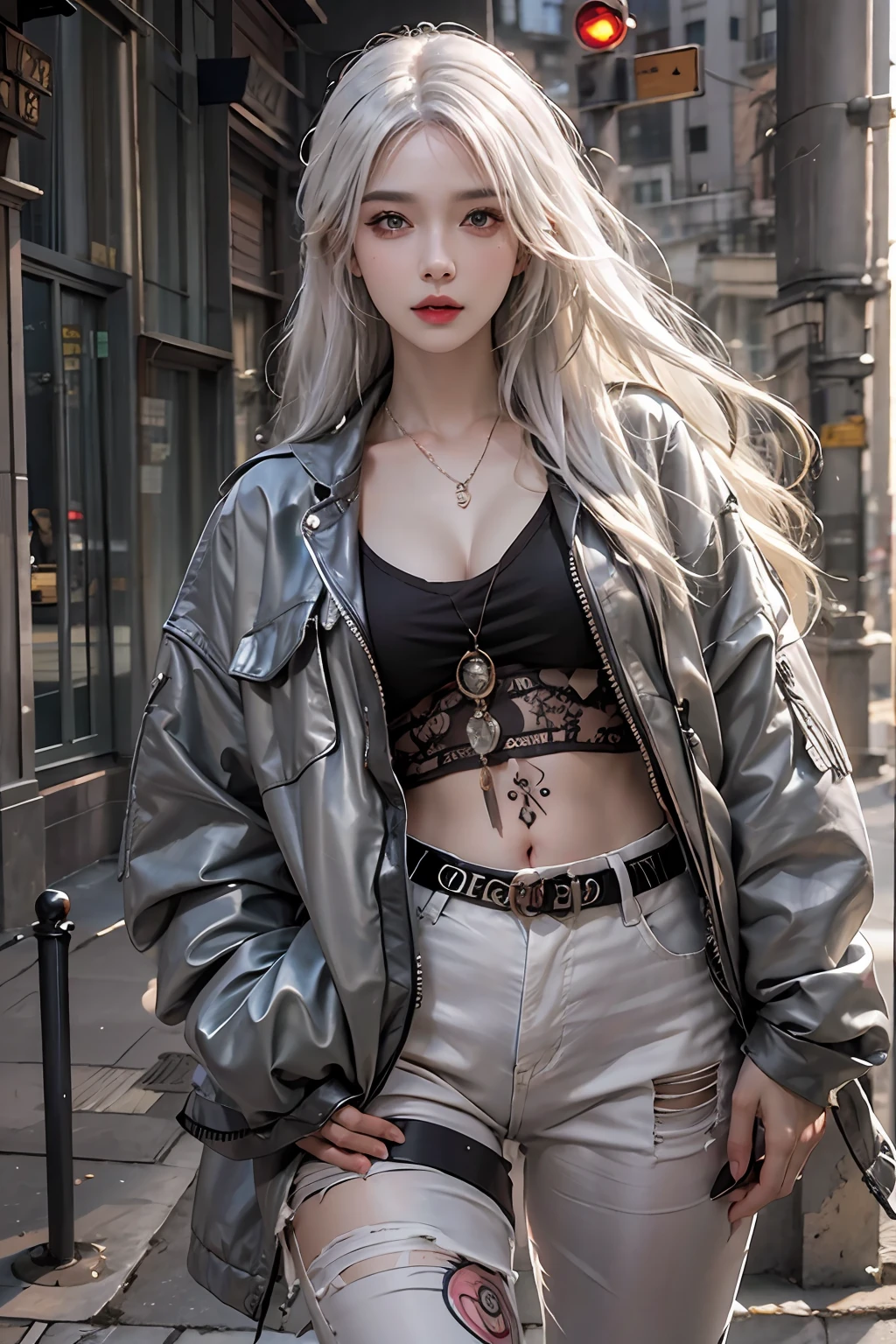 photorealistic, high resolution, 1women, solo, hips up, look at viewer, (detailed face), white hair, long hair, street wear, jewelry, belly tattoo