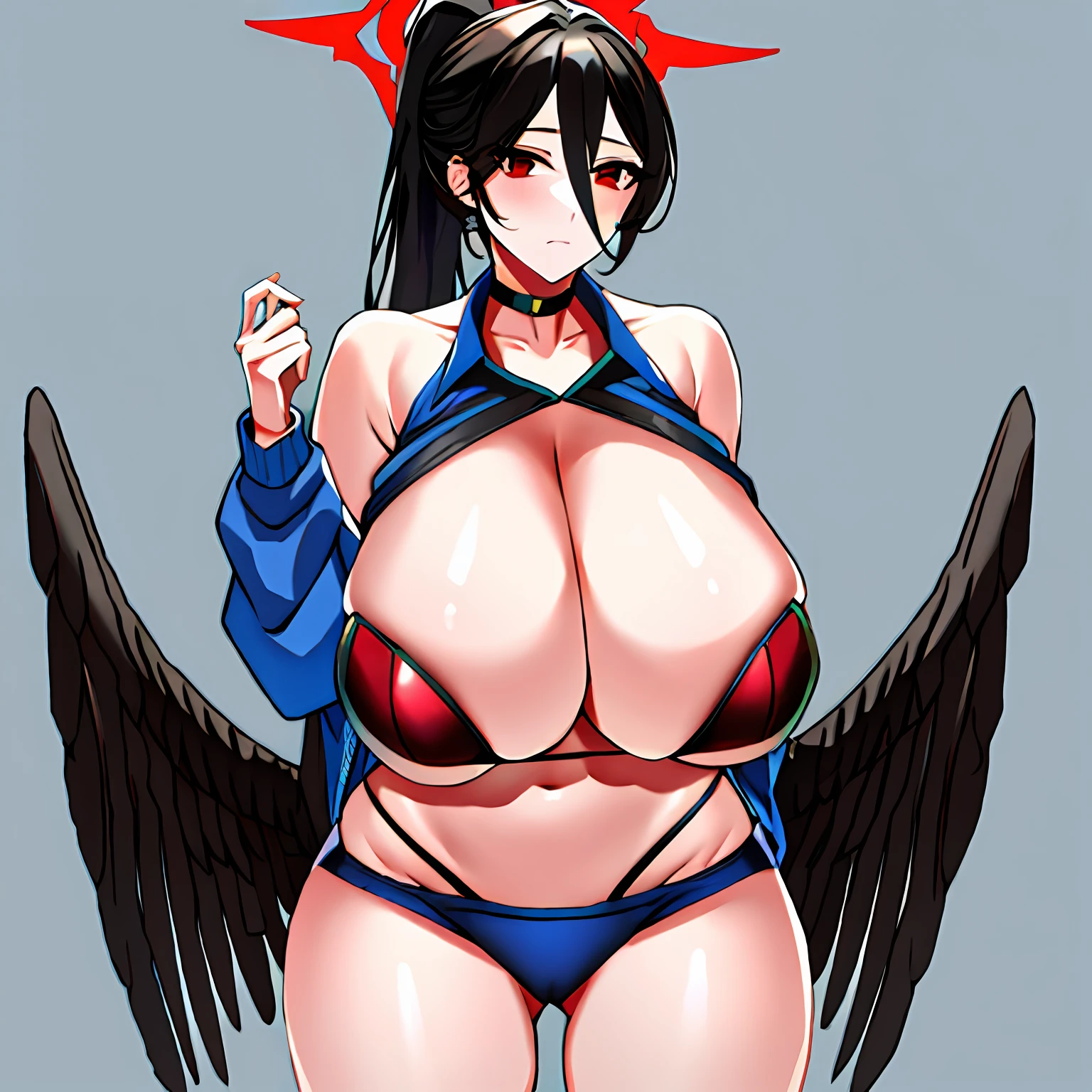 Breast nudity,huge tit,cropped shoulders,wearing a swimming wear,Best quality, Extremely detailed face, sharp detailed,1girll, Breasts, Solo,Red eyes, Four wings, Halo, Long hair,Black hair, Shorts, Huge breasts, Black wings, Jacket, choker necklace, pony tails, Low wing, Feathered wings, Simple background,cleavage, Thighs,navel, standing , Extreme closeup, underbust, hasumi\(Blue_Archive\), Dishwasher 1910,