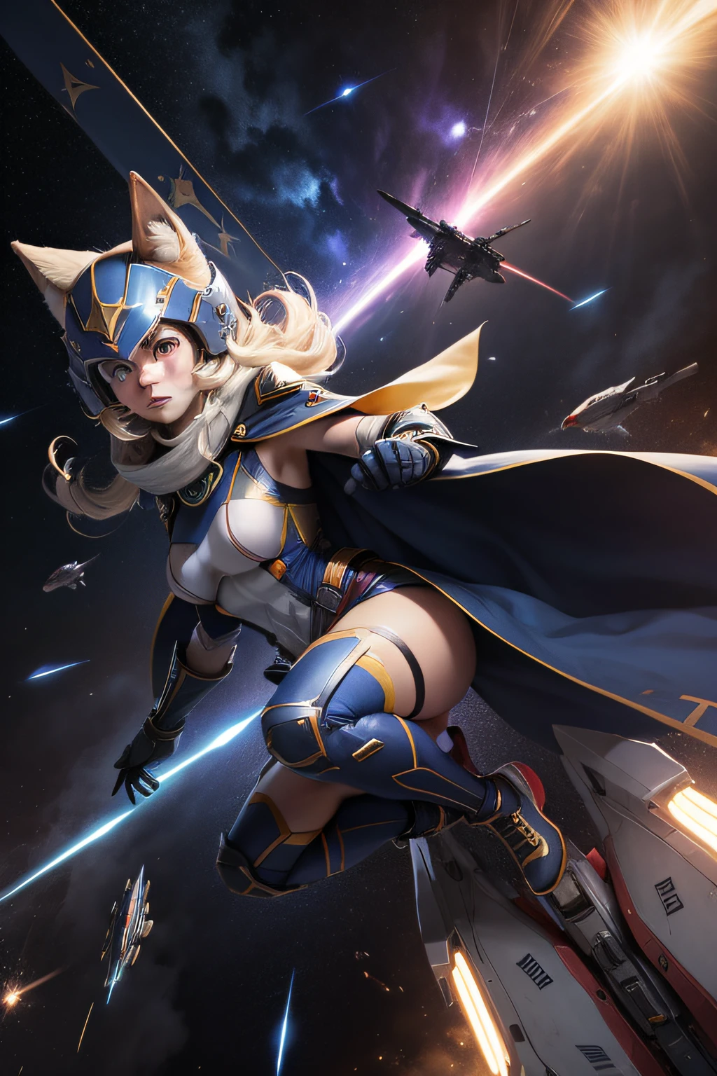 play"Star Fox"of the heroine, Delve into space battles with your teammates,Combat power continues to grow, Ninja cape, Surround the flag, Air combat strategy, Light beam electromagnetic cannon, Quick maneuver, High-speed sprints, Powerful explosion, High maneuverability, Flank flight, universe background, The stars shine, future-tech, The picture is HD, game style, Multi-angle shooting