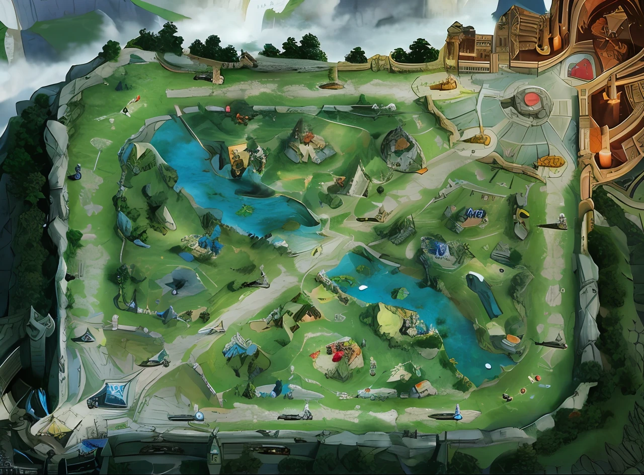 Alafard view of the game map with the castle as the background,,Two resurrection springs,Three offensive divisions,wild rift,Blue river channel in the middle,There is roadside grass,MOBA game map, League of Legends concept art, battle map prop,Riot game concept art, league of legend illustration, league of legend, from league of legends