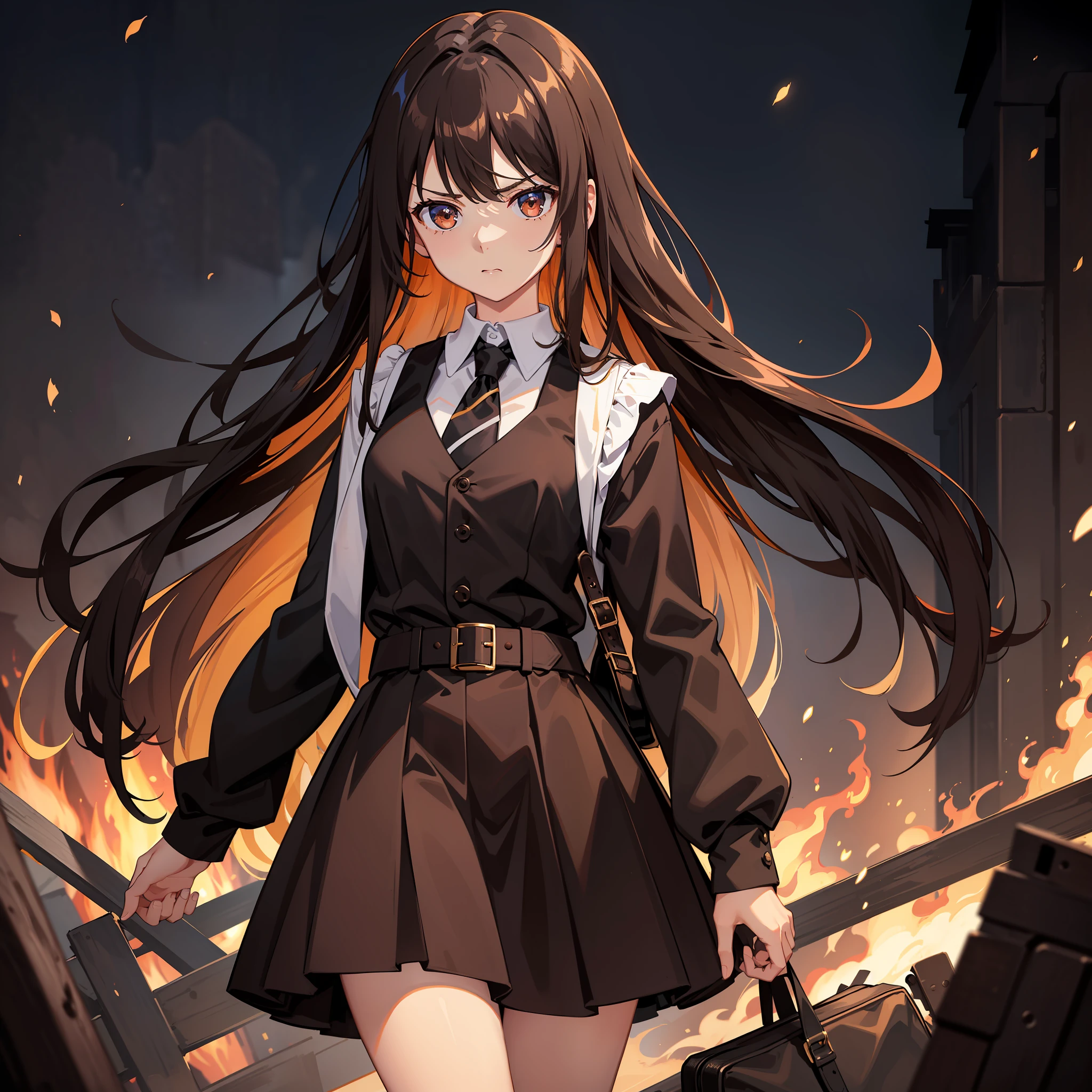 Masterpiece, Best quality, A high resolution, A high school girl has long hair，Chocolate colored hair，Wearing a black vest，Brown coat，Short brown skirt，The face was very angry