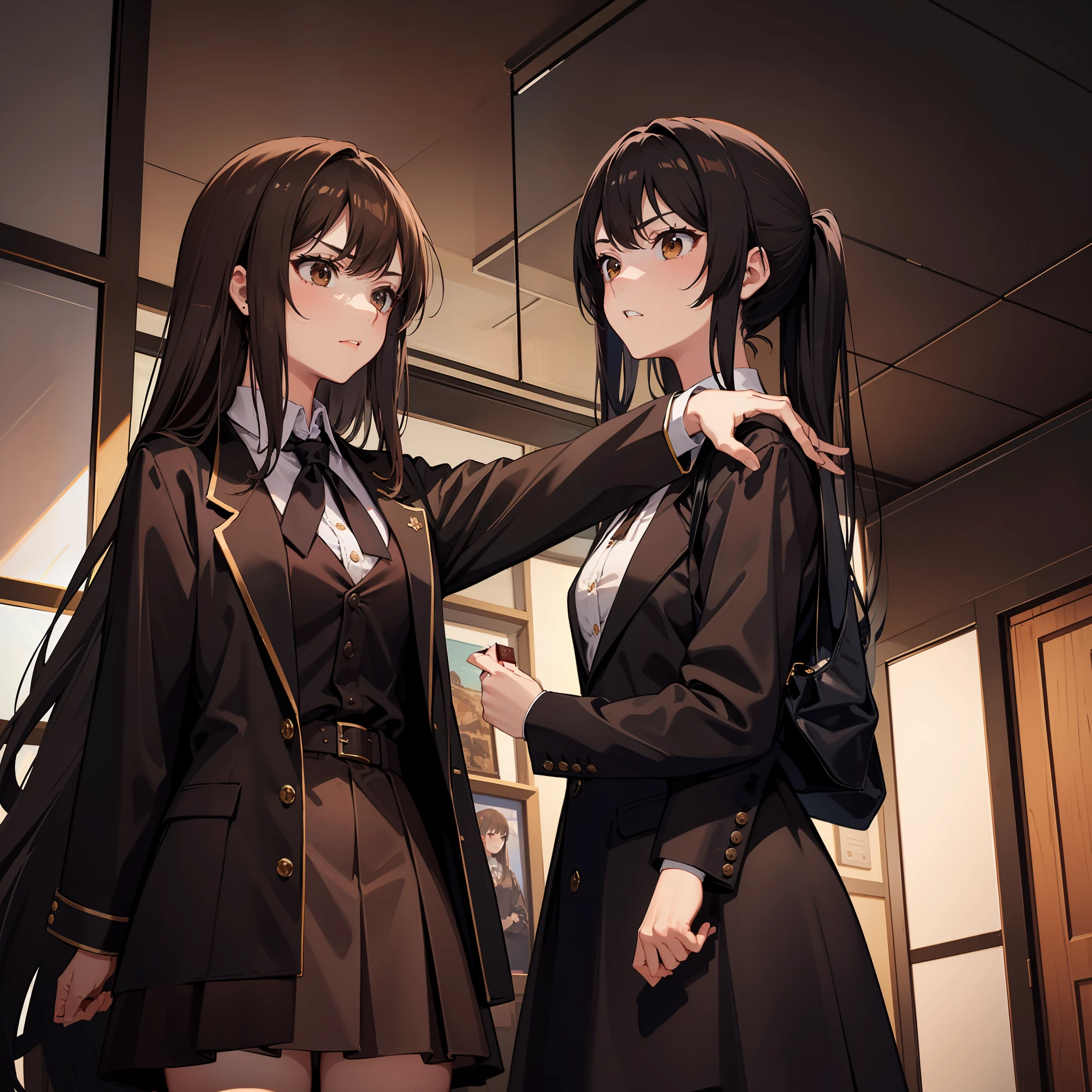Masterpiece, Best quality, A high resolution, A high school girl has long hair,Chocolate colored hair,Wearing a black vest,Brown coat,Short brown skirt,The face was very angry