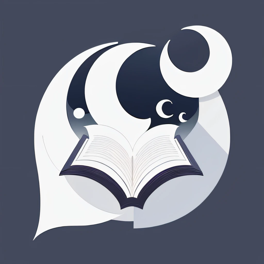 webtoon, crescent moon, open book, logo, vector, line art, design, minimalist art, straight, symmetry