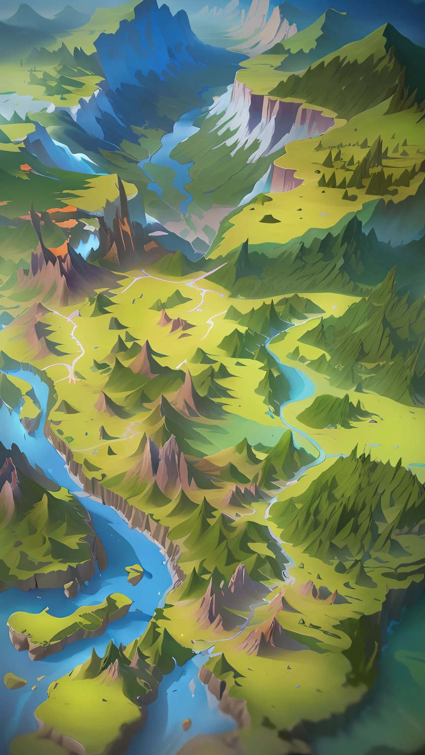 Cartoon - like a landscape,The river runs through it, an isometric fantasy map, epic landscapes, most epic landscape, rpg landscape, super detailed color lowpoly art, Detailed landscape, concept-art. epic landscapes, colorful concept art, Detailed digital 2D fantasy art, painted as a game concept art, game map matte painting