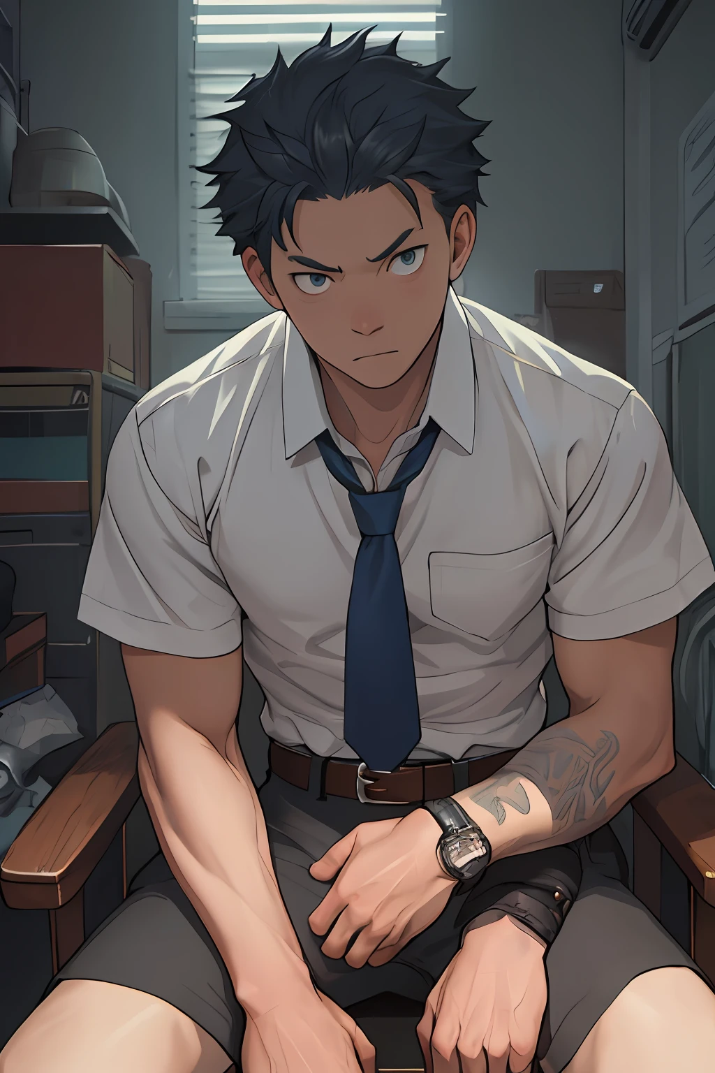 (1 Adult male),A high resolution, Sharp focus, Pixiv masterpiece, ((Complicated details)), highly detailed, natsuki_subaru, 1 man, serious,full bodyesbian,sit astride, blue colored eyes(eyes glowing), blue short hair,white shirt,Wear a tie,Wear a belt,perspire,look from down