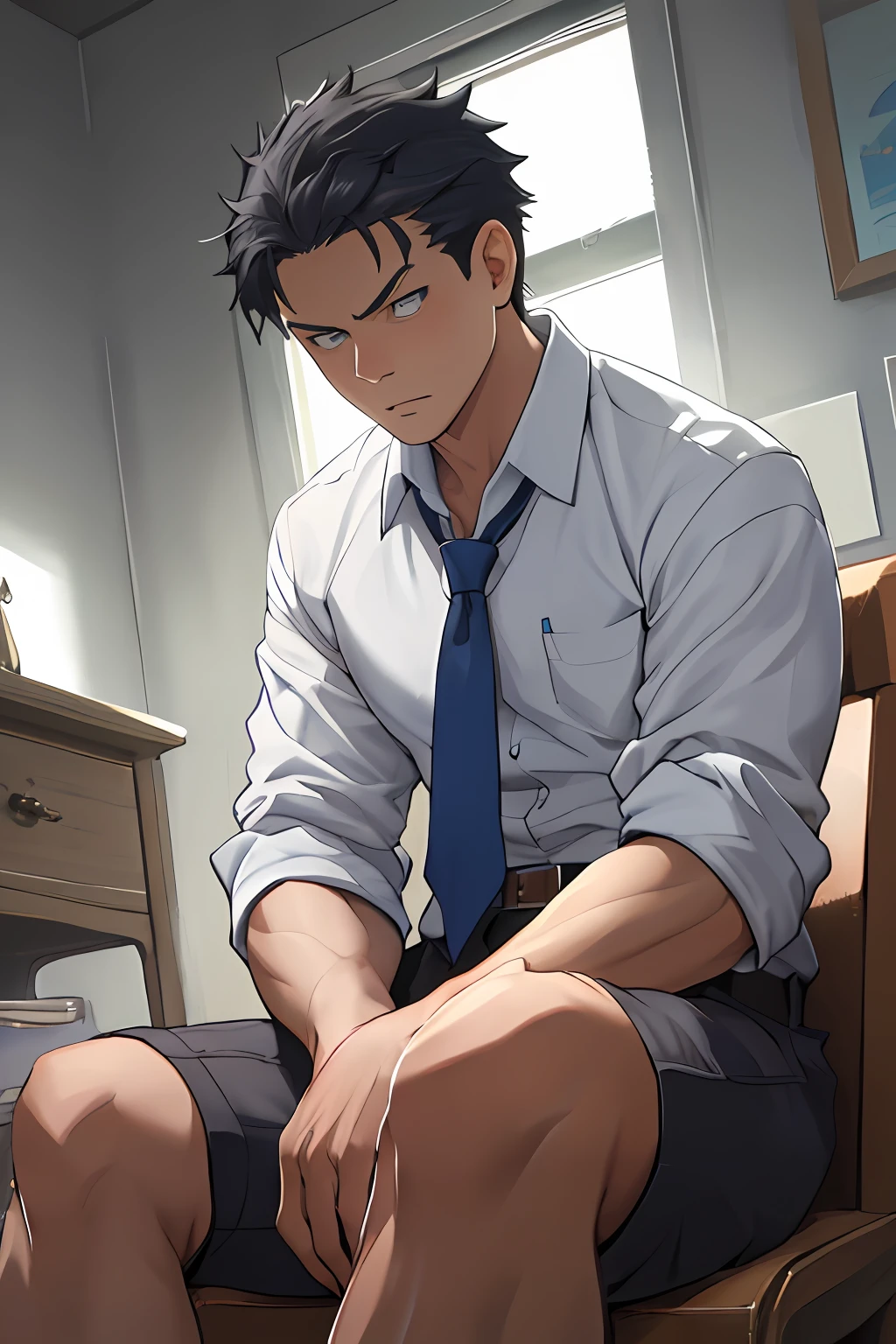 （1 Adult male），A high resolution， Sharp focus， Pixiv masterpiece， （（Complicated details））， highly  detailed， natsuki_subaru， 1 man， serious，full bodyesbian，sit astride， blue colored eyes（eyes glowing）， blue short hair，white  shirt，Wear a tie，Wear a belt，perspire，look from down