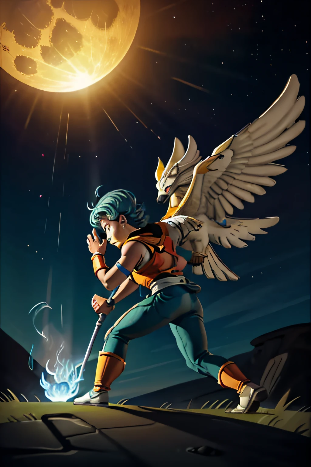 Orion, com seu poder do fogo, toma a dianteira, facing the Guardian with determination and courage, while Luna uses her communication skills with nature to calm the creature. Aurora projeta feixes de luz cintilante, illuminating the area and revealing the true form of the Guardian. Drago levanta voo e controla os ventos, creating a draught to dodge the Guardian's attacks.