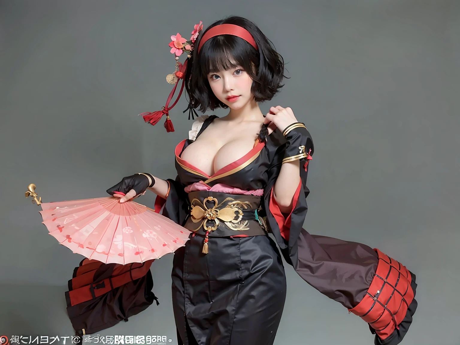Close up portrait of woman in black kimono posing for photo,Komono、Japanese dress、 With short hair,Okappa Hairstyles , Japanese Models, Beautiful young Korean woman, Korean Woman, Beautiful Asian Girl, goddess of Japan, 4K], 4 k ], 奈良美智, Asian Girl, 🤤 girl portrait、Mushroom cut、Hair Band、The hair band is vermilion、Black gloves on hands、In his right hand he holds a vermilion fan.、I have a fan、