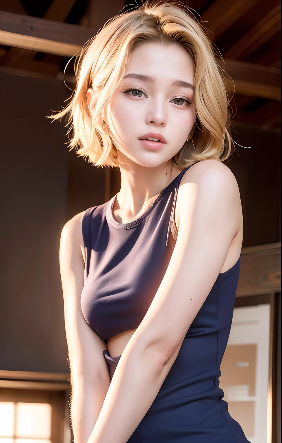 masterpiece, top quality, official art, highly detailed CG unity 8k wallpaper, single girl, ultra high definition, (photorealistic: 1.4), golden hour lighting, sweater dress, (upper body), (Kpop Idol), (charming: 1), (platinum short hair: 0.8), ((puffy eyes)), looking at the viewer, facing forward, smiling, laughing,middle chest, Shirt lift, gloves, short hair
