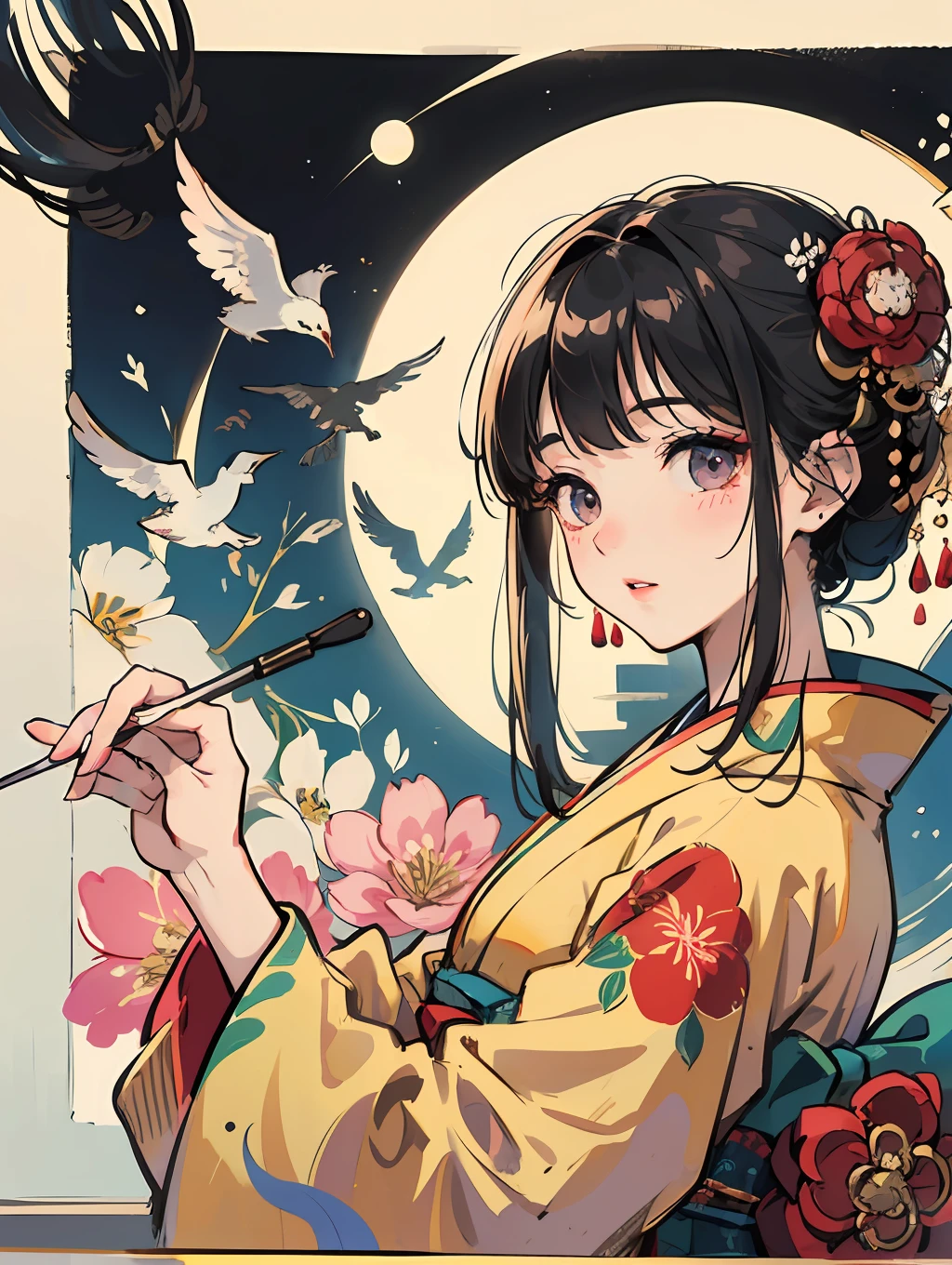 master-piece,hyper quality,hyper detailed,perfect drawing,solo、kimono beauty,kimono,black hair,japanese hair,half-open lips,sink eyes,elegant,splendid,beautiful,blush (0.2), glittering, beautiful, gorgeous, gentle, forward light, natural light, flowers and birds wind moon, Japanese-style room, lipstick painting gesture with index finger, accurate drawing, detailed drawing,