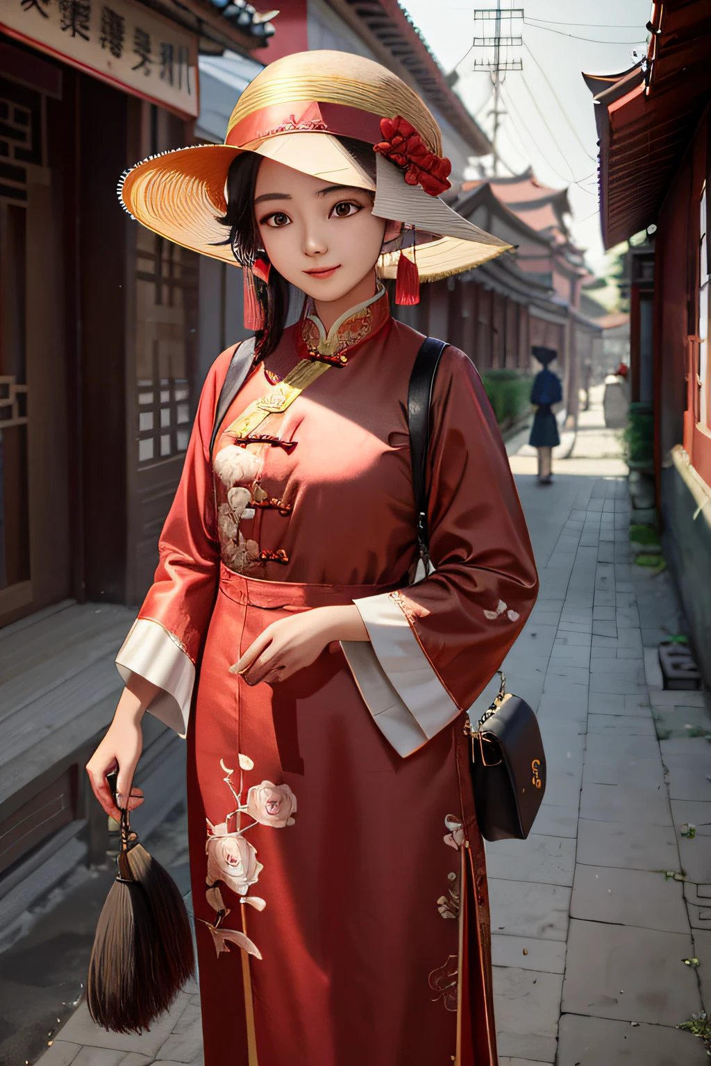 There was a young  girl in a red dress and hat and white hair standing on the sidewalk,城市 ， A girl in Hanfu, with acient chinese clothes, Ancient Chinese style artwork, Wearing ancient Chinese clothes, Chinese costume, Chinese style, Chinese dress, inspired by Gu An, inspired by Yao Tingmei, Traditional Chinese clothing, inspired by Chen Lu