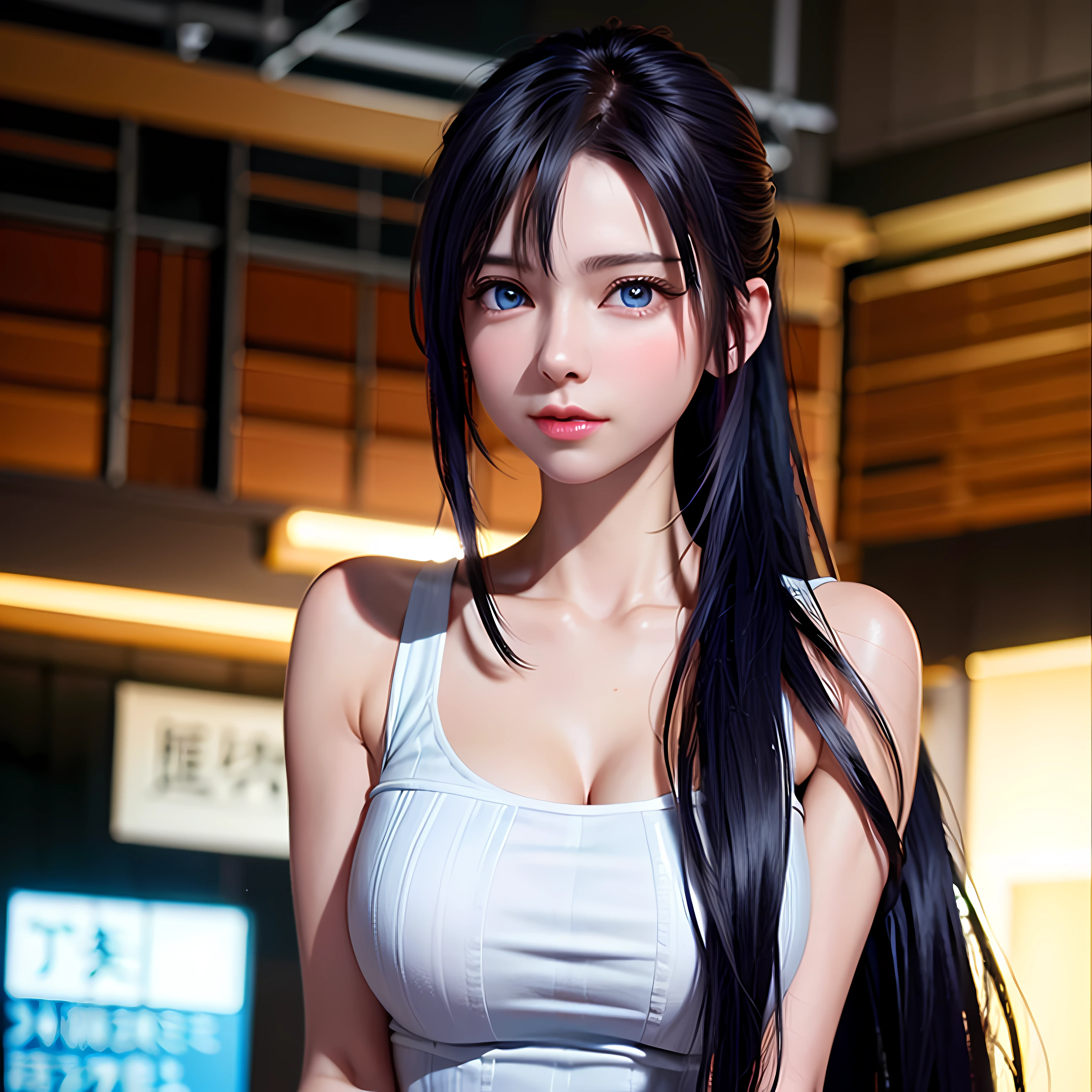 "(8k,RAW photogr,Best Picture Quality,Rendering techniques:1.2),(realisticlying,Photorealistic fidelity:1.37),1个Giant Breast Girl,adolable,eBlue eyes,(solo person),Fine ponytail,Dramatic angle,office room,Look at the audience,Perspectiva subjetiva,cyber punk perssonage。"