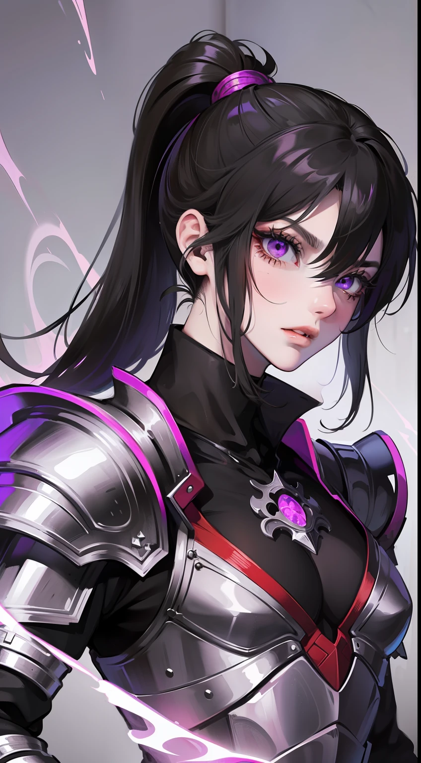 adult man, Long black hair, high ponytail, violet eyes, Fantasy, Korean Demon Armor, anger, Masterpiece, hiquality