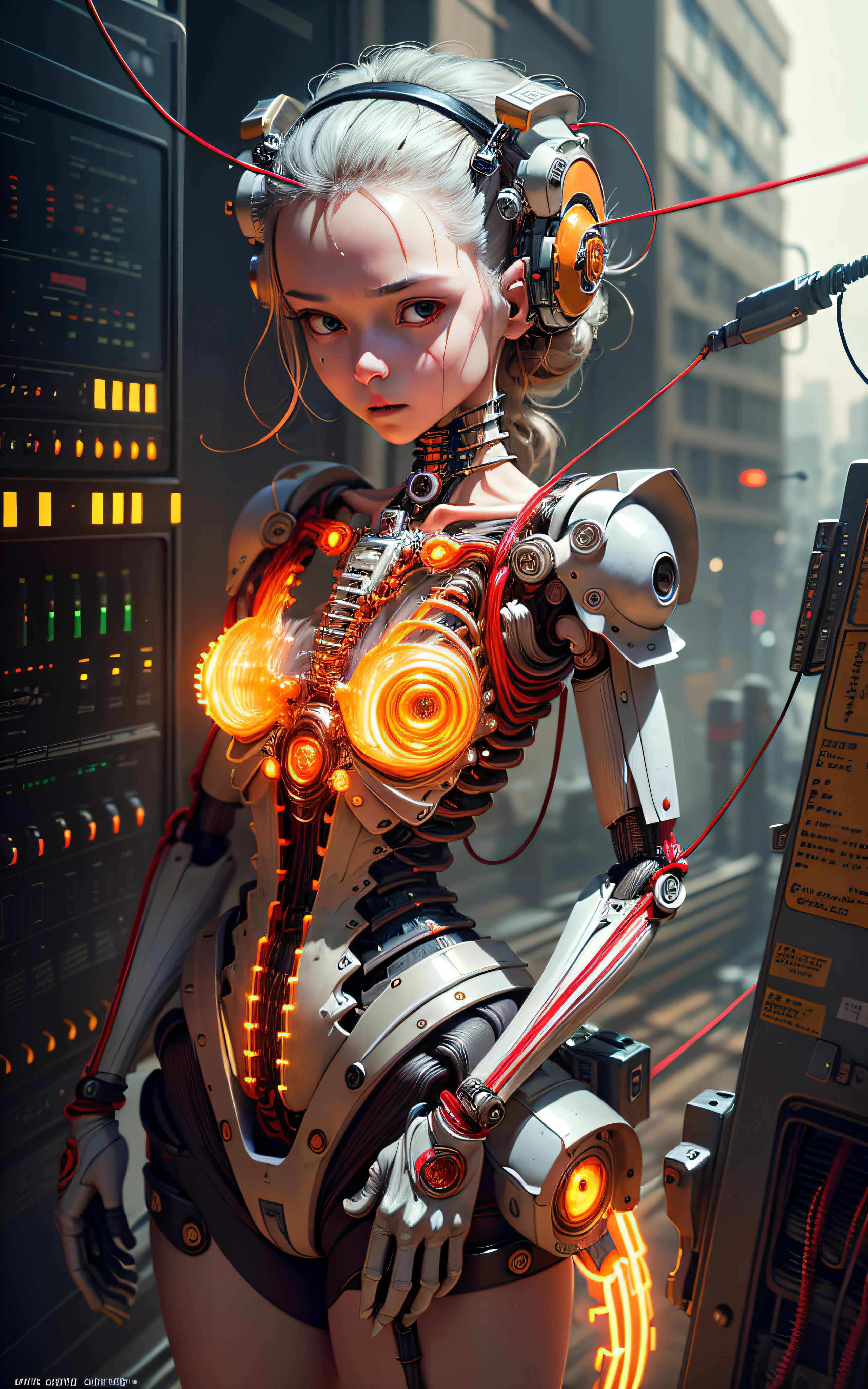 (((masterpiece))), (((best quality))), ((ultra-detailed)), (highly detailed CG illustration), ((extremely delicate and beautiful)),(side),cinematic light,((1 mechanical girl)),solo,half body,(machine-made joints:1.2),((mechanical limbs)),(blood vessels connected to tubes),(mechanical vertebra attaching to the back),((mechanical cervical attachment to the neck)), expressionless,(wires and cables attached to the neck:1.2),(wires and cables on the head:1.2)(character focus), science fiction, city background, extremely detailed, colorful, more detailed, (face shadow (extra detailed, better performance)), laser eyes (detailed red))fire in hand holes)