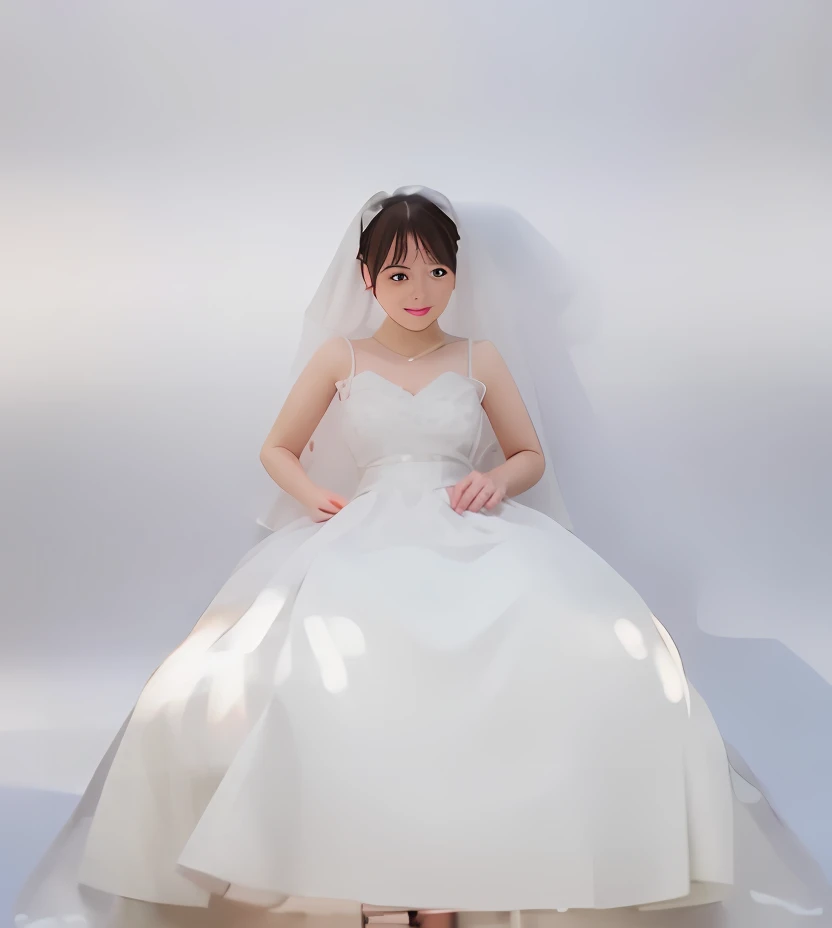 The bride in a white wedding dress sits on the floor,both hands on hip, Wearing a wedding dress, in front of white back drop, wearing organza gown, Yoshitomo Nara, yasumoto oka, Chiho ashima, chiho, 🤬 🤮 💕 🎀, author:Ayami Kojima