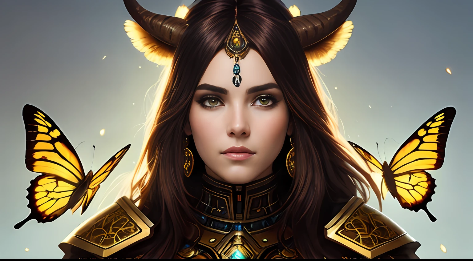 8k portrait of beautiful cyborg with brown hair,  （tauren：1.4）Highly detailed, Majestic, Digital photography, art by artgerm and ruan jia and greg rutkowski surreal painting gold butterfly filigree, Broken glass, (Masterpiece, side-lighting, fine detailed beautiful eyes: 1.2), hdr