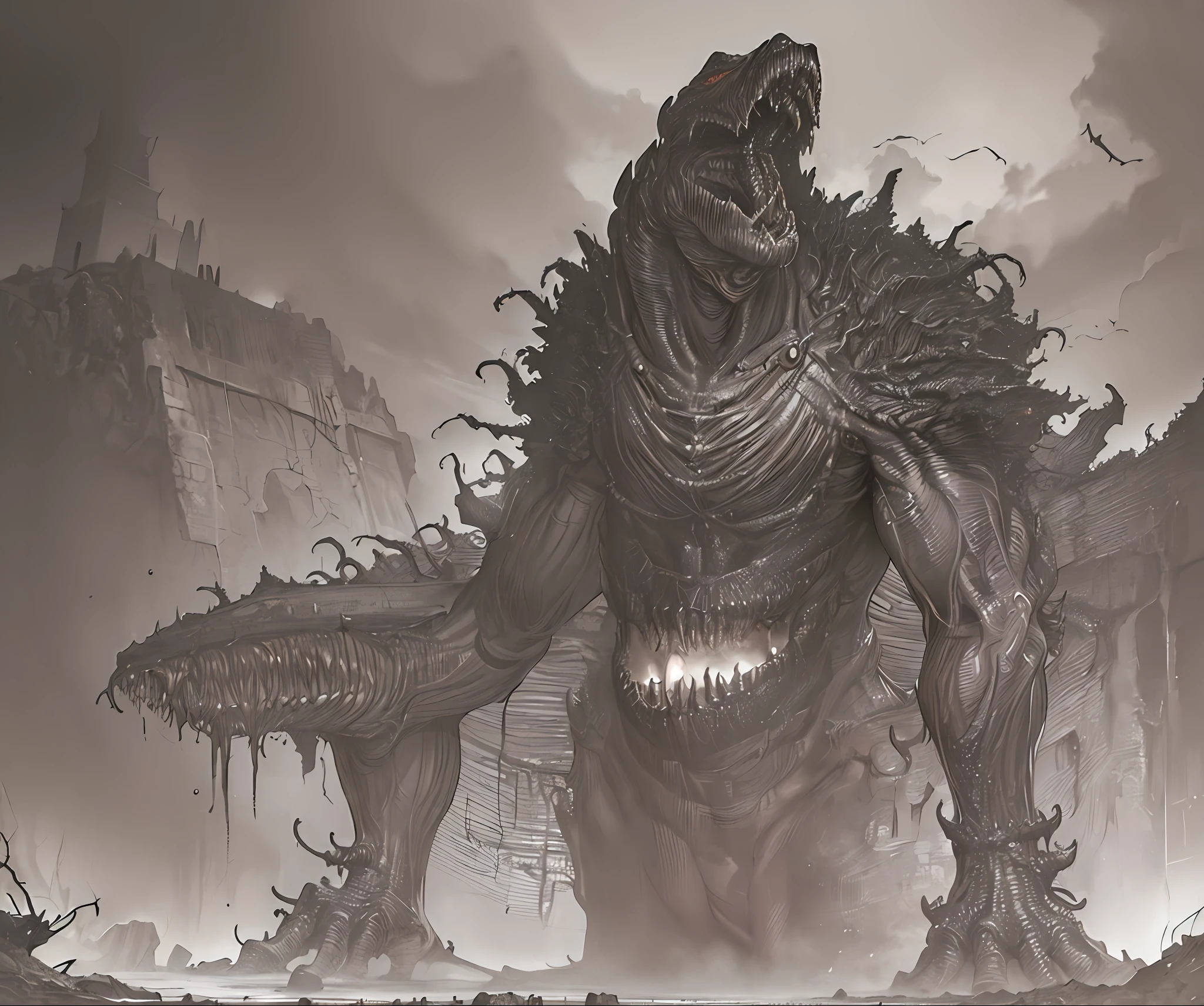 masterpiece, best quality, highres, ultra-detailed, dark night, horror, creepy ancient evil creature, abandoned mine, (manga spread by kentaro miura, tsutomu nihei)