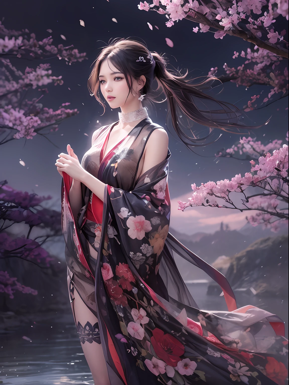 loose outfit、Show shoulders、dark colored kimono、How to wear a black gown、Decorated with intricate patterns and bright colors、Transparent material that makes the skin shine、Artistic depiction of seductive woman in gown with wet thin cloth and transparent skin, Floral and fantastic pattern with flowing silky traditional see-through skin。Her dress draped elegantly around her curvaceous figure、Emphasizes her charming silhouette。She's a gentle fireworks night、Dynamic Posing、Sexy Posing、bathed in the soft glow of moonlight。The scene is、With a hint of mystery and sensuality、It exudes an ethereal dreamy atmosphere。The image style is、Incorporates a blend of watercolor and digital illustration techniques.、It makes you feel delicate beauty and charm。Soft moonlit lighting、Cast gentle highlights and shadows on her mesmerizing features。Dynamic Posing、Bold poses、The hand is somewhere、see -through、show through、A sexy、Wet hair、Wet、(cherry trees、flower petals、cherryblossom、The cherry tree、Sakura Snowstorm 1.5)、buried、Transparent skin、Wet clothes、(Chest 1.2)、Navel Ejection、Swaying in the wind、Burgundy、pale red、(Slouch 1.5)、Lace colors、lace choker、a choker、Lie on your back on the surface of the water、New lining、