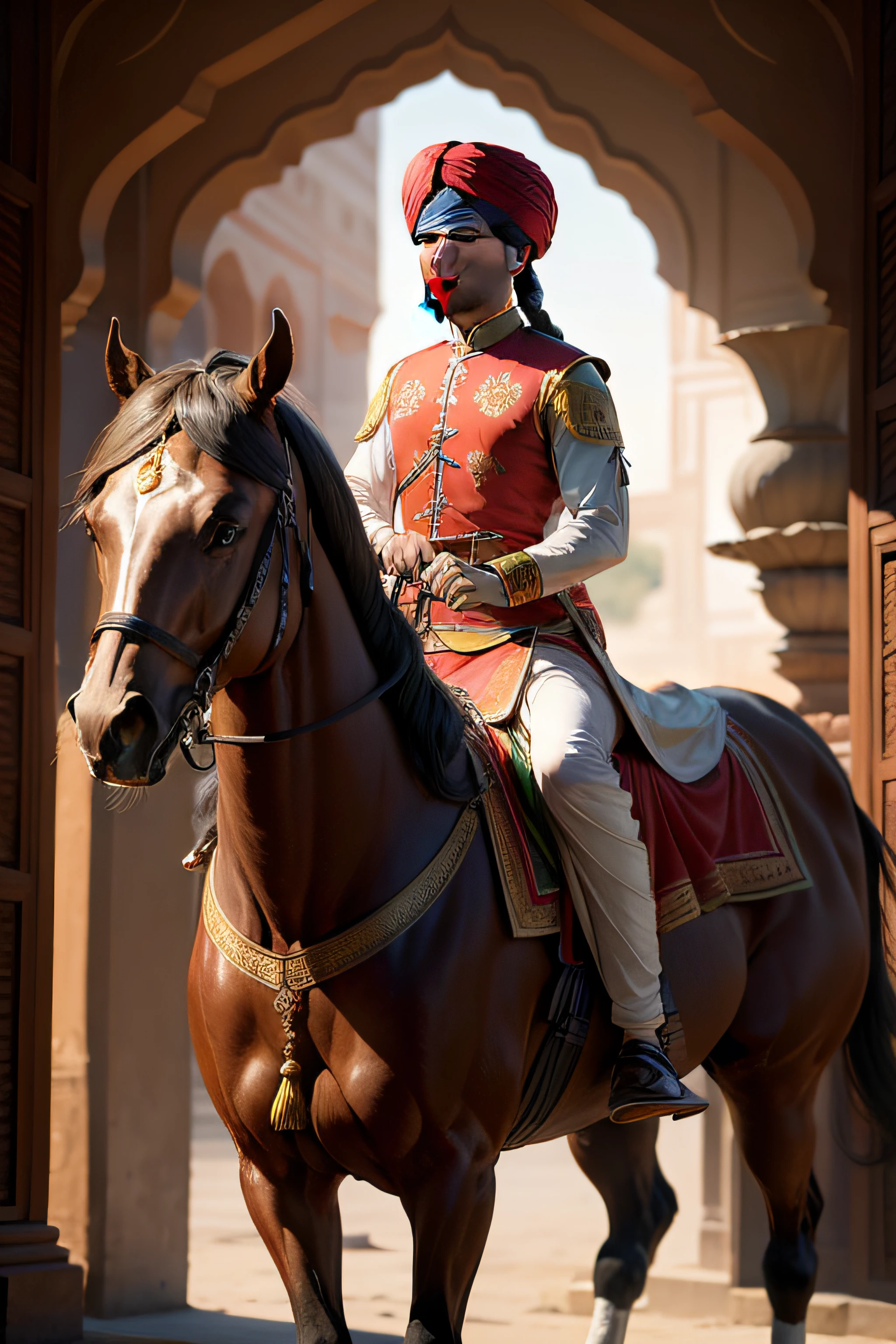 a Mughal on horse with folded hands, Wearing Mughal dress