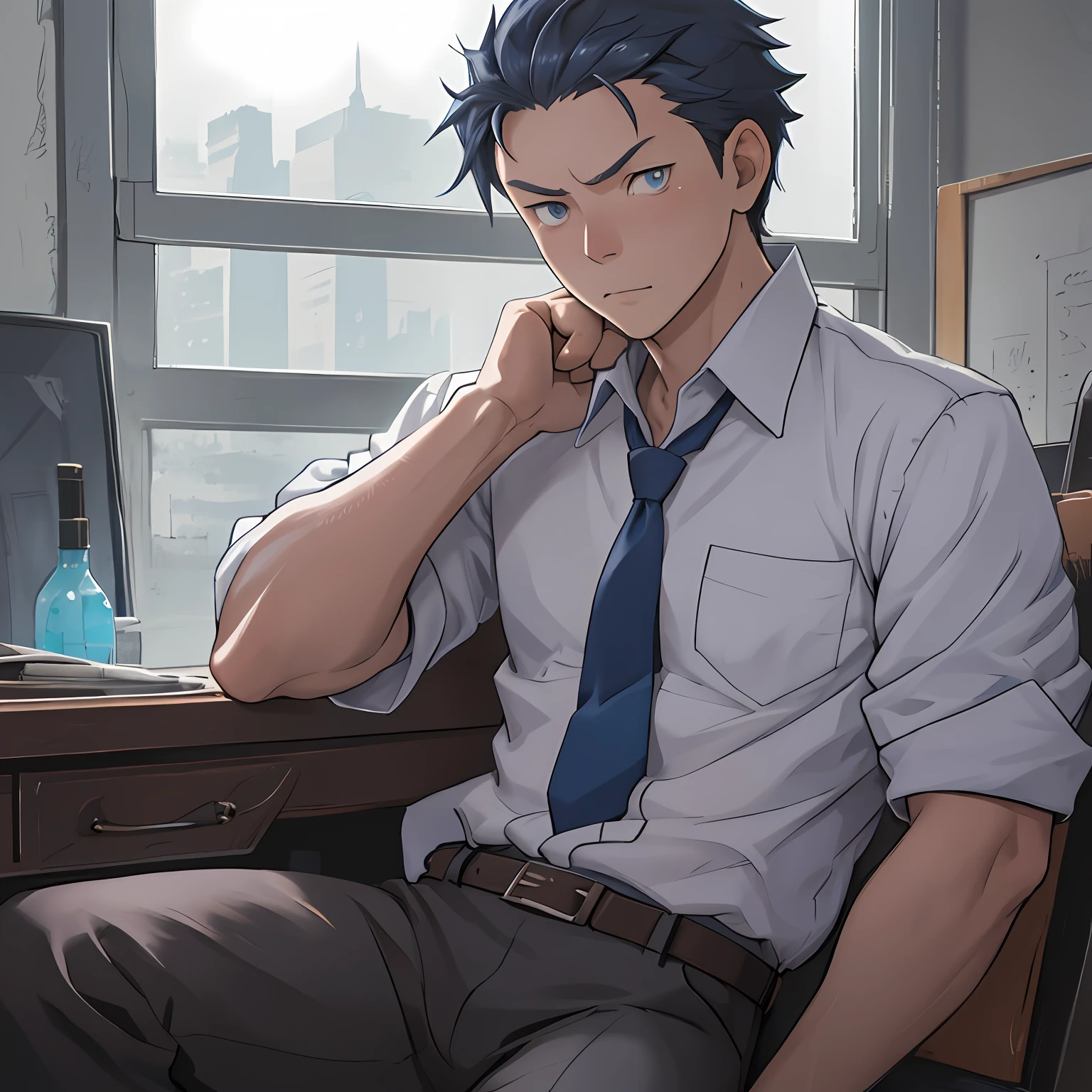 （1 Adult male），A high resolution， Sharp focus， Pixiv masterpiece， （（Complicated details））， highly  detailed， natsuki_subaru， 1 man， Serious，full bodyesbian，sit astride， blue colored eyes（eyes glowing）， blue short hair，white  shirt，Wear a tie，Wear a belt，perspire，look from down