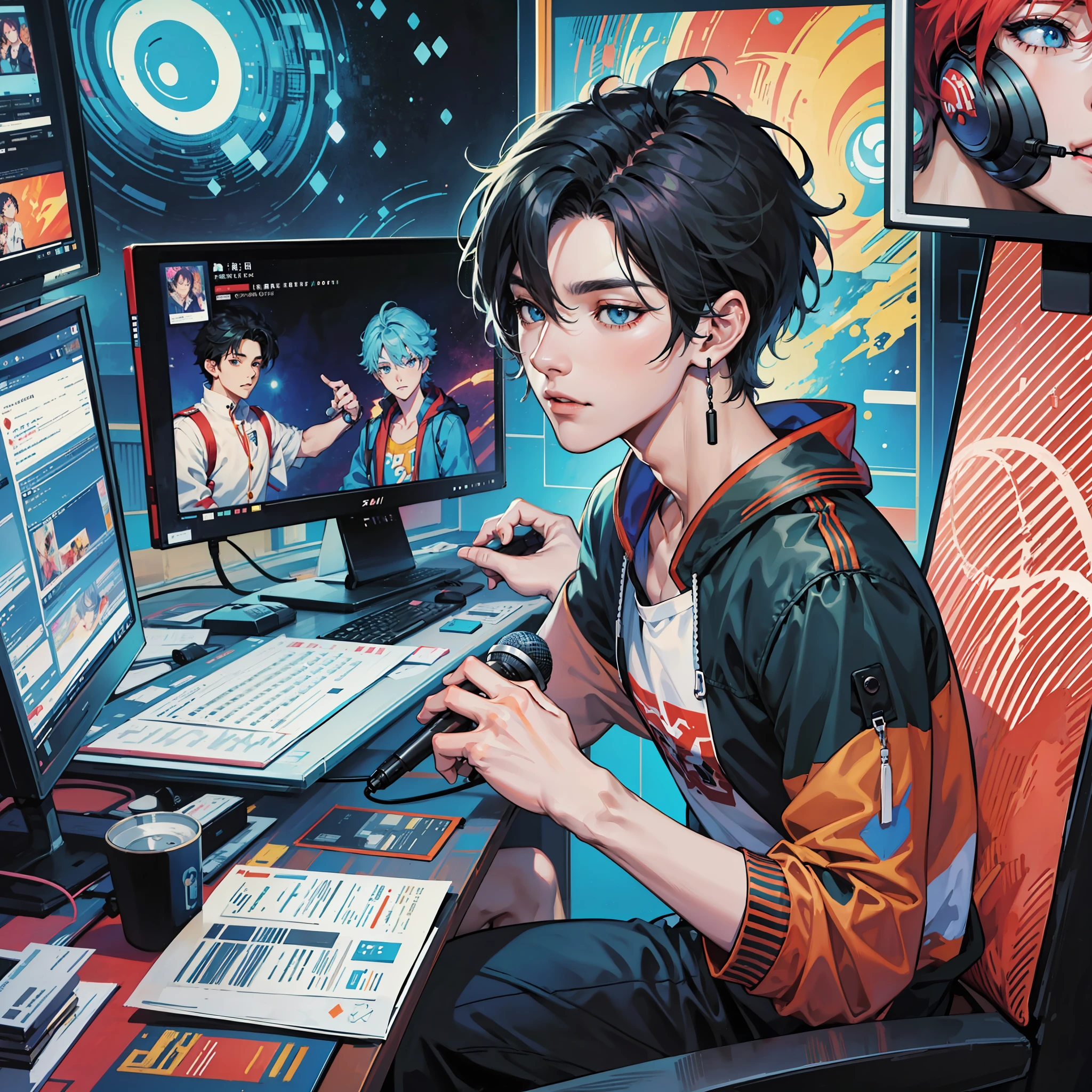 Anime boy calls to talk, ig studios anime style, nightcore, style of anime4 K, High quality anime art style, Anime boy, young anime man, Anime art style, Digital anime illustration, Anime style. 8K, in an anime style, male anime character, Kawasi,best qualtiy:1.0),(超高分辨率:1.0),Anime boys,with short black hair,blue color eyes,sitting in front of the computer,Speak into the microphone,The background is in the esports room,Earphone,The head is close to the microphone,8K,Faraway view