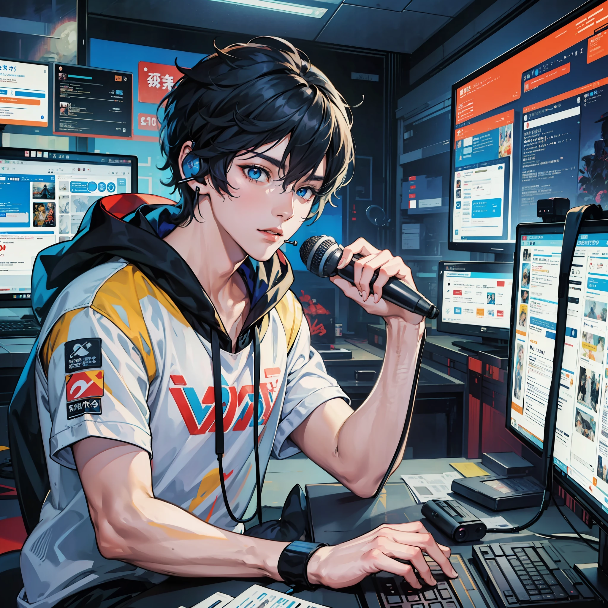 Anime boy calls to talk, ig studios anime style, nightcore, style of anime4 K, High quality anime art style, Anime boy, young anime man, Anime art style, Digital anime illustration, Anime style. 8K, in an anime style, male anime character, Kawasi,best qualtiy:1.0),(超高分辨率:1.0),Anime boys,with short black hair,blue color eyes,sitting in front of the computer,Speak into the microphone,The background is in the esports room,Earphone,The head is close to the microphone,8K,Faraway view