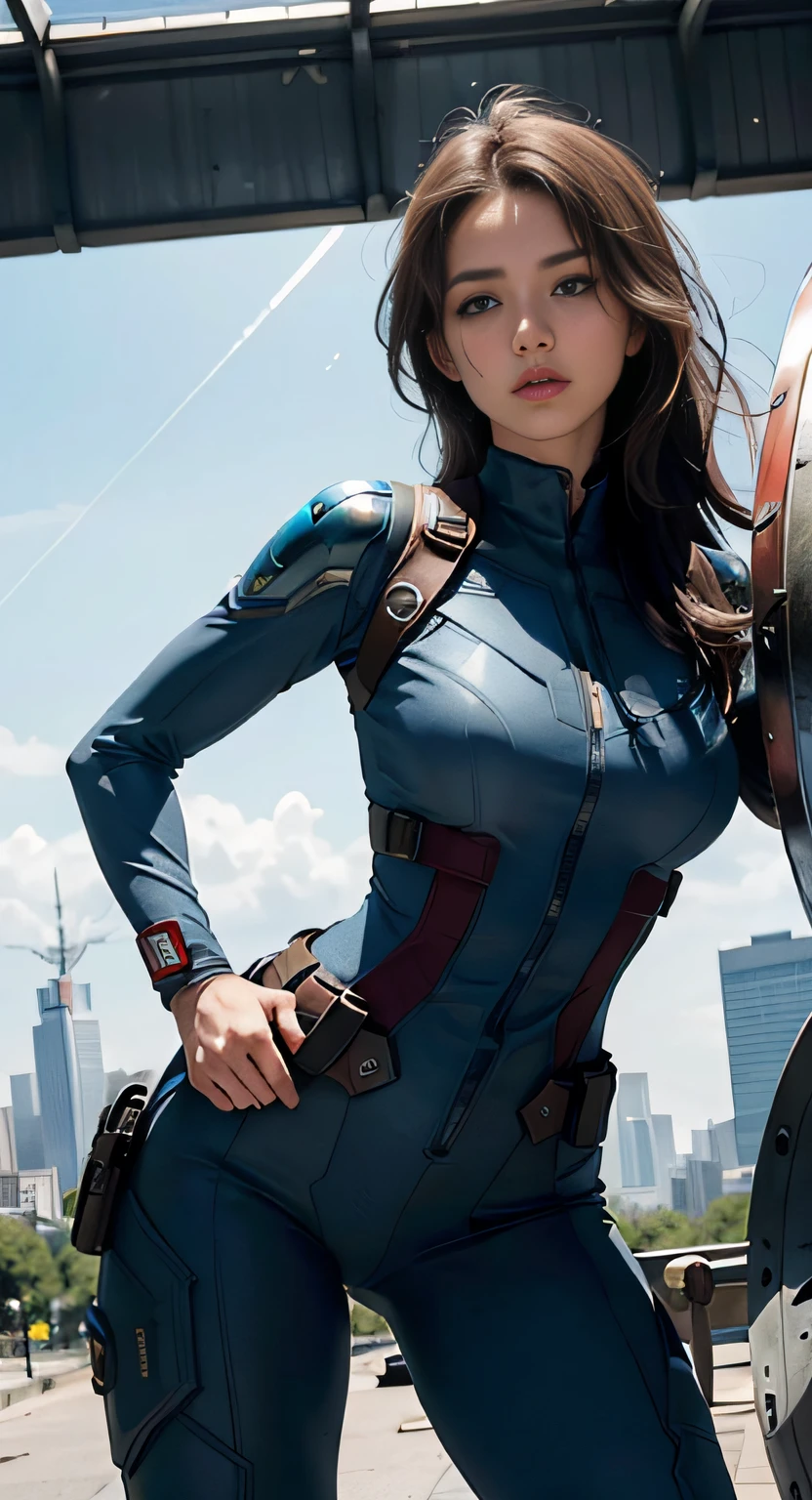 (1girl:1.3), solo, __body-parts__, official art, unified 8k wallpaper, super detailed, beautiful and aesthetic, beautiful, masterpiece, best quality, raw, masterpiece, super fine photo, best quality, super high resolution, photorealistic realism, sunlight, full-body portrait, amazing beauty, dynamic pose, delicate face, vibrant eyes, (from the front), she wears a futuristic Captain America jersey, blue color scheme, (holding a shield), A capital A on chest, very detailed abandoned warehouse background, detailed face, detailed complex busy background, messy, gorgeous, milky white, highly detailed skin, realistic skin details, visible pores, sharp focus, volumetric fog, 8k uhd, DSLR camera, high quality, film grain, fair skin, photo realism, lomography, huge metropolis in future dystopia, seen from below, translucent