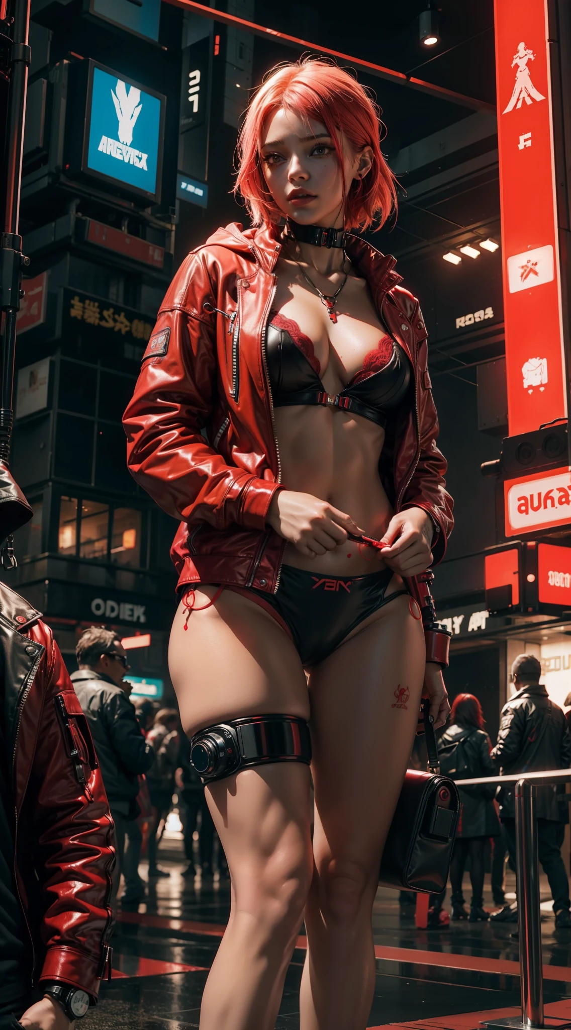 Uma  loira com capuz vermelho, Red lingerie and cyberpunk-style cybernetic prosthetics in a neon city