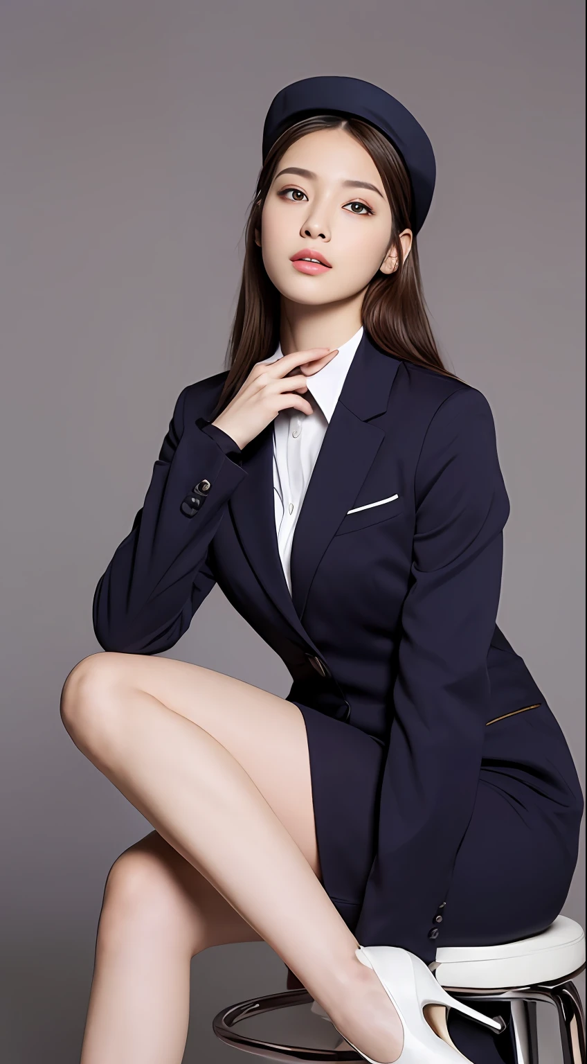 ((Realistic lighting, best qualtiy, 16k, tmasterpiece:1.3)), sharp fokus:1.2, young 17 years old,Beautiful Women with Perfect Figure:1.4, Slim abs:1.1, ((dark brown hair)), (Purple flight attendant suit,Purple flight attendant hat:1.4),(Plain background:1.1),sitting on a stool,Nice looking high heels,Ultra-fine face,Fine eyes,二重まぶた, White legs