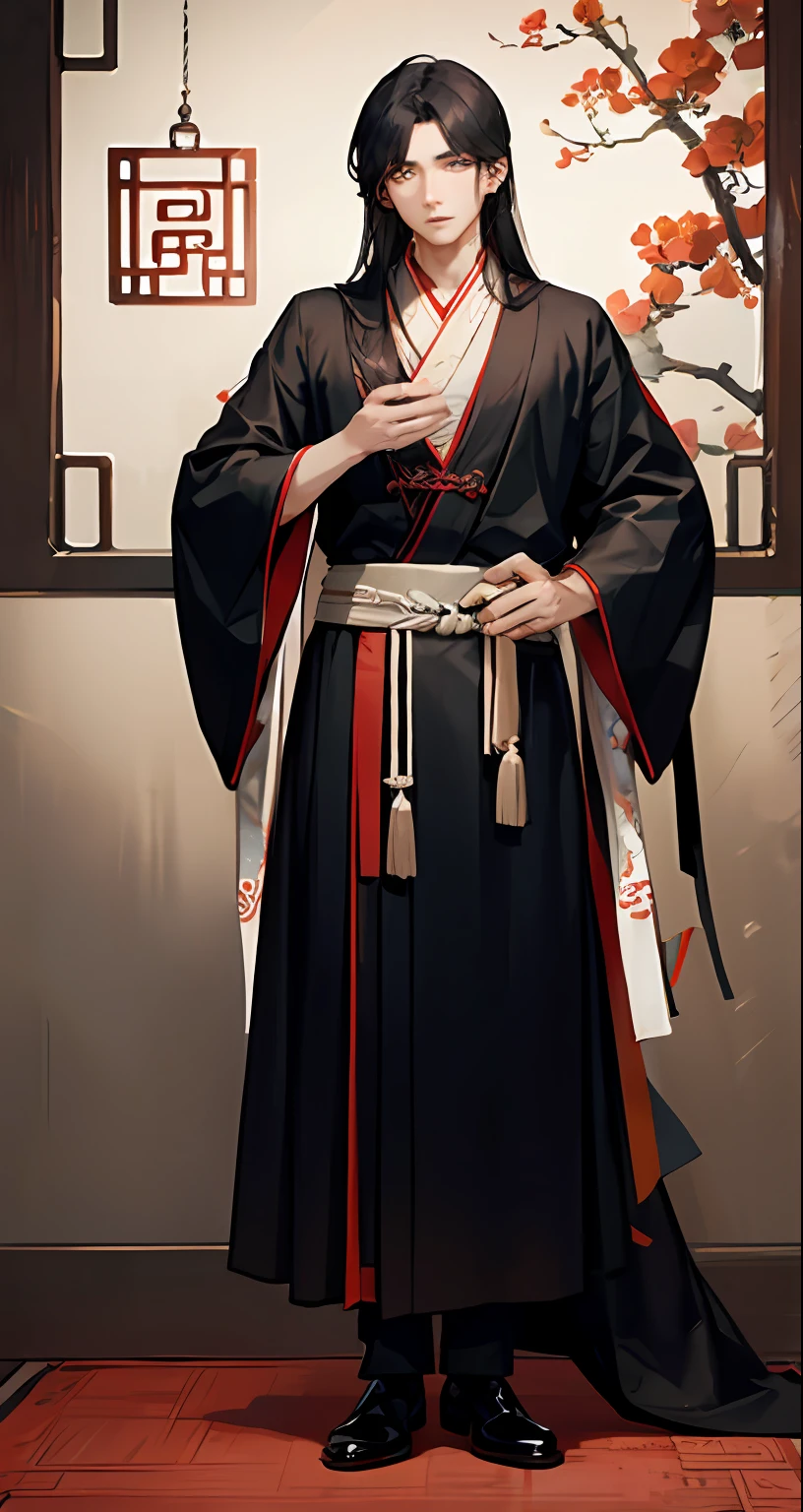 Chinese antique boy, handsome, long hair, black robe flowing