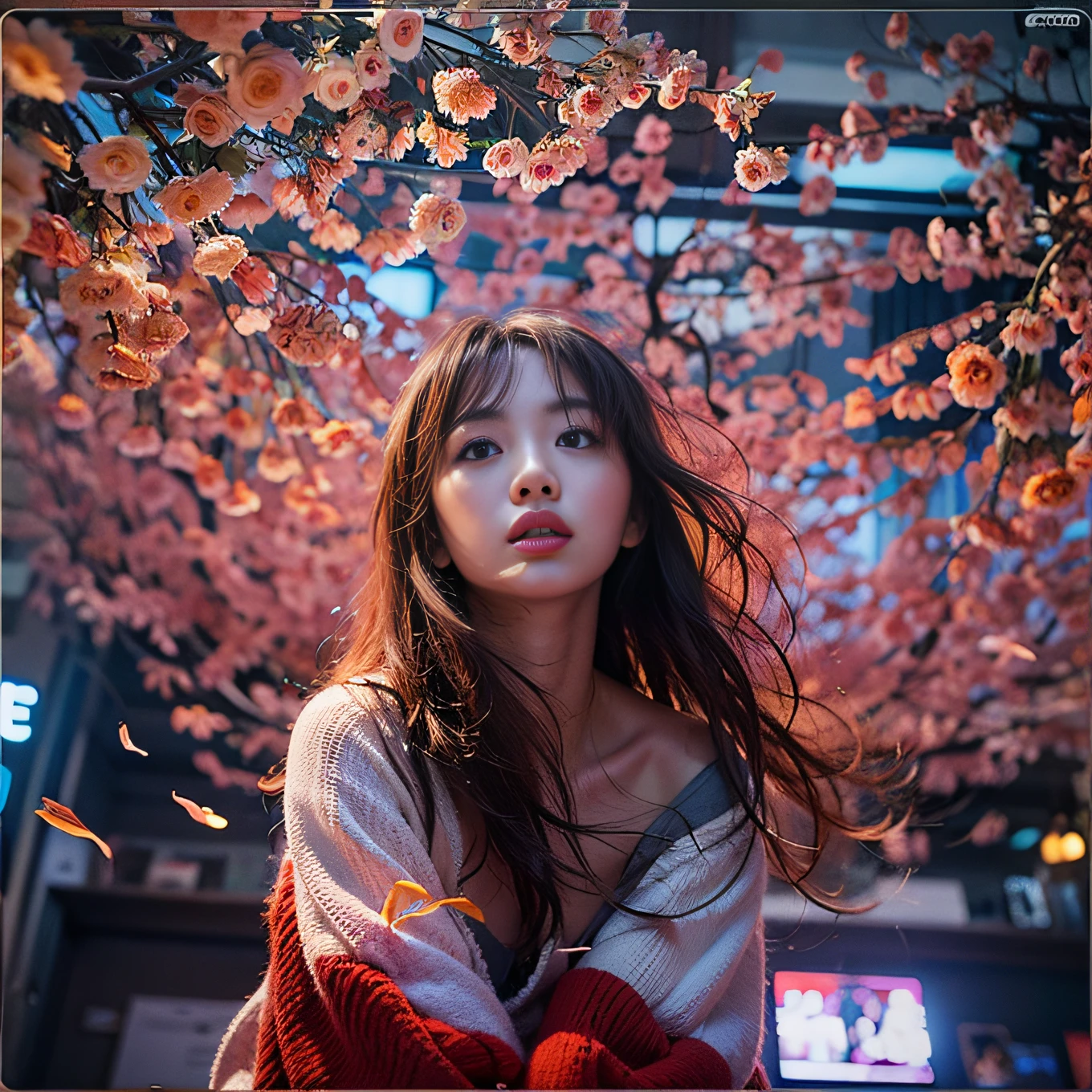 8K, RAW Photos, top-quality, ​masterpiece: 1.2),fish-eye lens、(((Wide View)))、Looking Up、fish-eye lens、Reach out and jump pose、Hair disheveled in the wind、fully body photo、Red or orange neon、Cyberpunk movies、Raw photo of beautiful Korean 20 year old woman、Half Face、deep in the night、darkened room、hightquality、More skin、Lustrous skin、clearface、cinema shot、nffsw、foco nítido