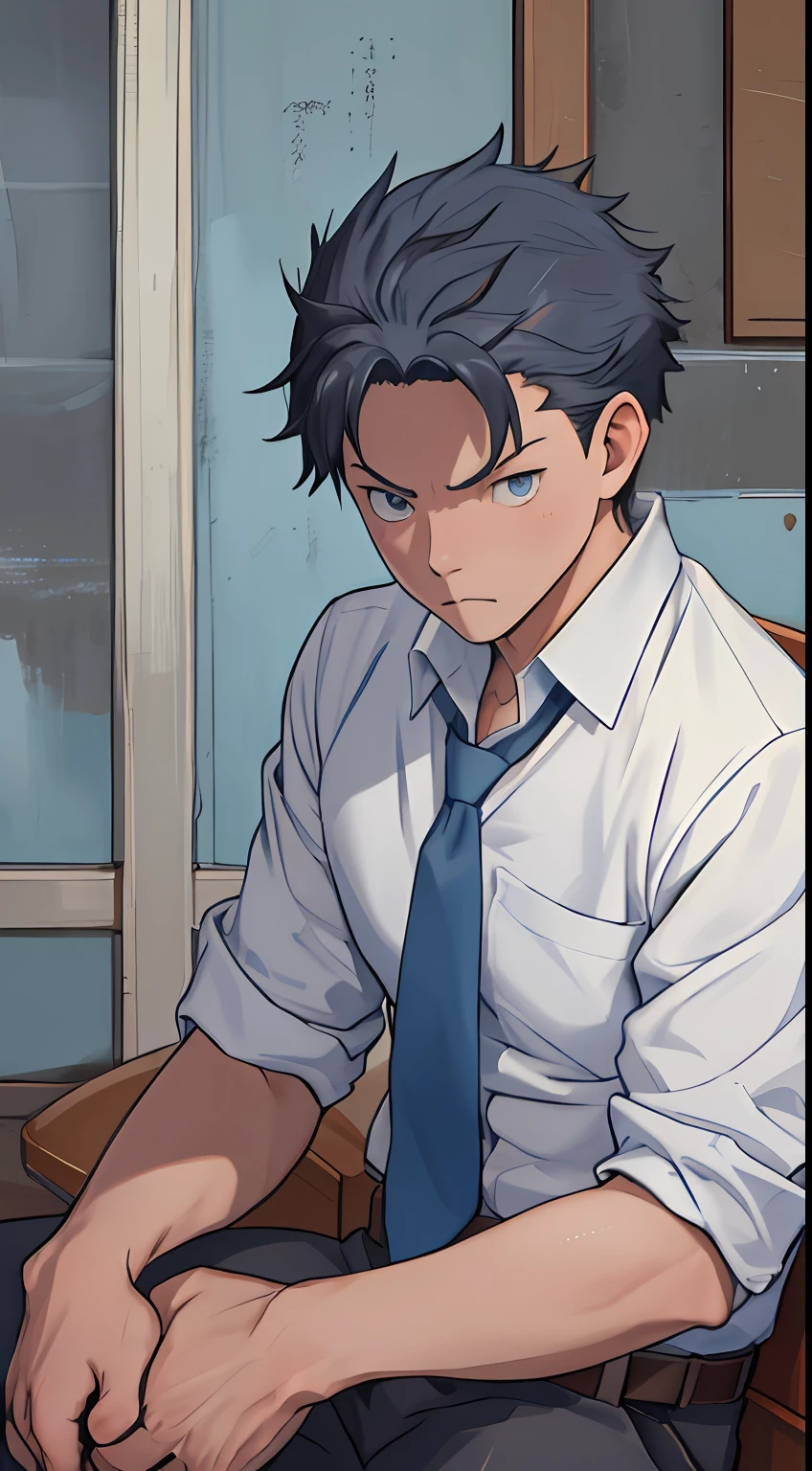 (1 Adult male),A high resolution, Sharp focus, Pixiv masterpiece, ((Complicated details)), highly detailed, natsuki_subaru, 1 man, Serious,full bodyesbian,sit astride, blue colored eyes(eyes glowing), blue short hair,white shirt,Wear a tie,Wear a belt,perspire,look from down