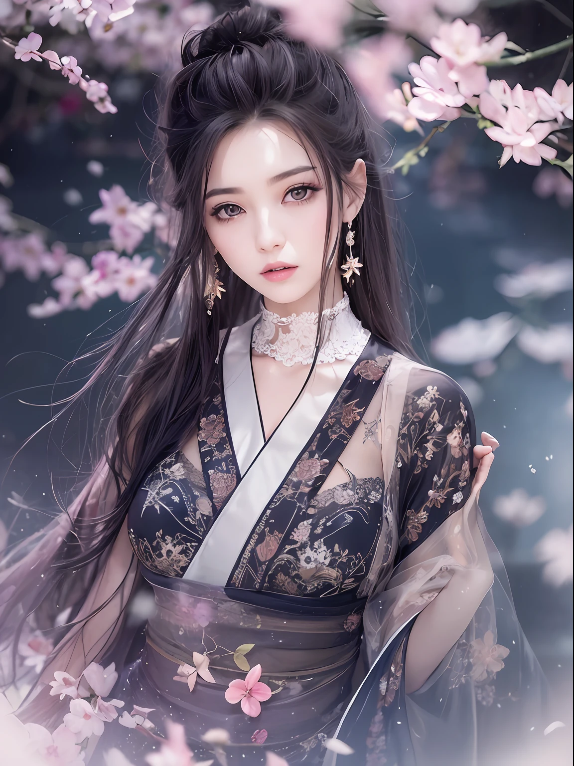 loose outfit、Show shoulders、dark colored kimono、How to wear a black gown、Decorated with intricate patterns and bright colors、Transparent material that makes the skin shine、Artistic depiction of seductive woman in gown with wet thin cloth and transparent skin, Floral and fantastic pattern with flowing silky traditional see-through skin。Her dress draped elegantly around her curvaceous figure、Emphasizes her charming silhouette。She's a gentle fireworks night、Dynamic Posing、Sexy Posing、bathed in the soft glow of moonlight。The scene is、With a hint of mystery and sensuality、It exudes an ethereal dreamy atmosphere。The image style is、It incorporates a blend of watercolor and digital illustration techniques.、It makes you feel delicate beauty and charm。Soft moonlit lighting、Cast gentle highlights and shadows on her mesmerizing features。Dynamic Posing、Bold poses、The hand is somewhere、see -through、show through、A sexy、Wet hair、Wet、(cherry trees、flower petals、cherryblossom、The cherry tree、Sakura Snowstorm 1.5)、buried、Transparent skin、Wet clothes、(Chest 1.2)、Navel Ejection、Swaying in the wind、Burgundy、pale red、(Slouch 1.5)、Lace color、lace choker、a choker、Lie on your back on the surface of the water、New lining、