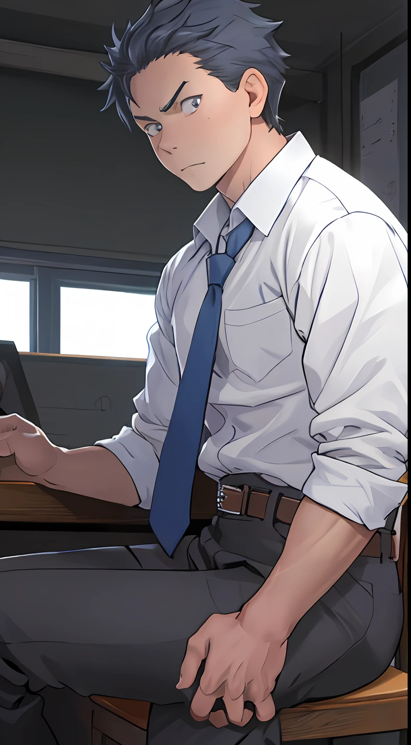 (1 Adult male),A high resolution, Sharp focus, Pixiv masterpiece, ((Complicated details)), highly detailed, natsuki_subaru, 1 man, Serious,full bodyesbian,sit astride, blue colored eyes(eyes glowing), blue short hair,white shirt,Wear a tie,Wear a belt,perspire,look from down