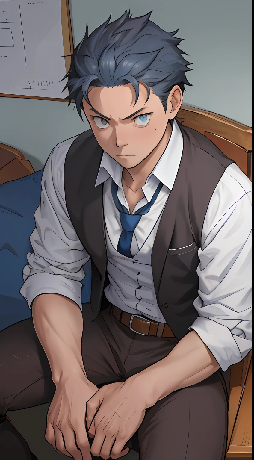 (1 Adult male),A high resolution, Sharp focus, Pixiv masterpiece, ((Complicated details)), highly detailed, natsuki_subaru, 1 man, Serious,full bodyesbian,sit astride, blue colored eyes(eyes glowing), blue short hair,white shirt,Wear a tie,Wear a belt,perspire,look from down