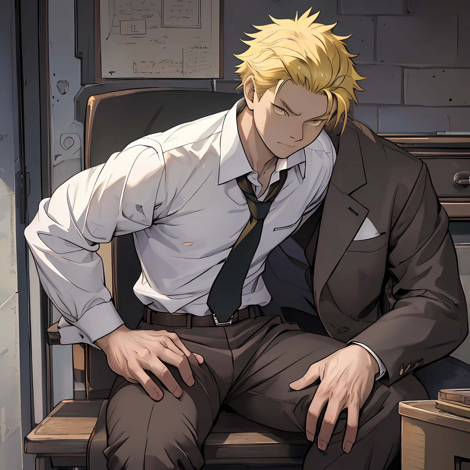 （1 Adult male），A high resolution， Sharp focus， Pixiv masterpiece， （（Complicated details））， highly  detailed， natsuki_subaru， 1 man， Serious，full bodyesbian，sit astride， yellow eyes（eyes glowing）， short yellow hair，white  shirt，Wear a tie，Wear a belt，perspire，look from down