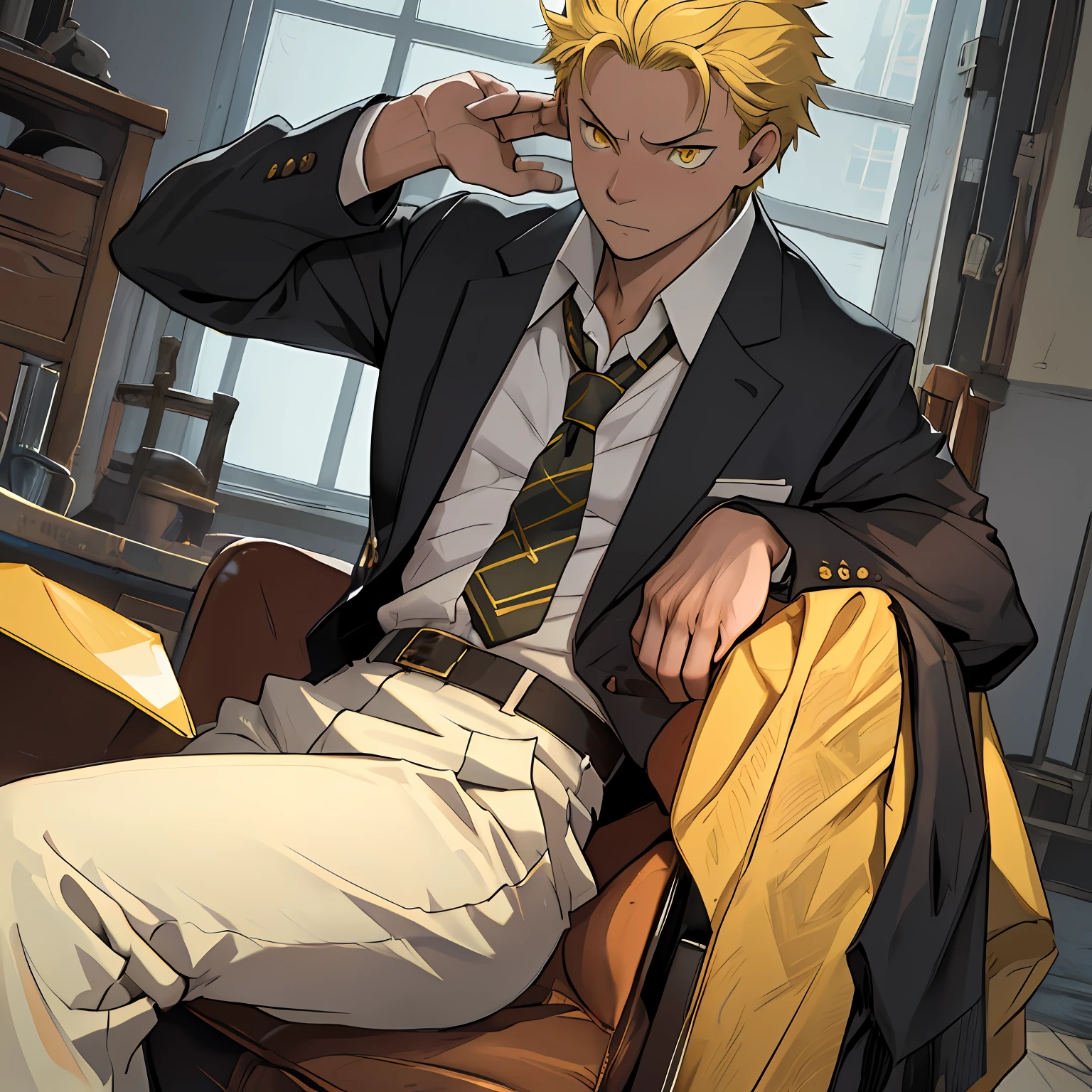 （1 Adult male），A high resolution， Sharp focus， Pixiv masterpiece， （（Complicated details））， highly  detailed， natsuki_subaru， 1 man， Serious，full bodyesbian，sit astride， yellow eyes（eyes glowing）， short yellow hair，white  shirt，Wear a tie，Wear a belt，perspire，look from down