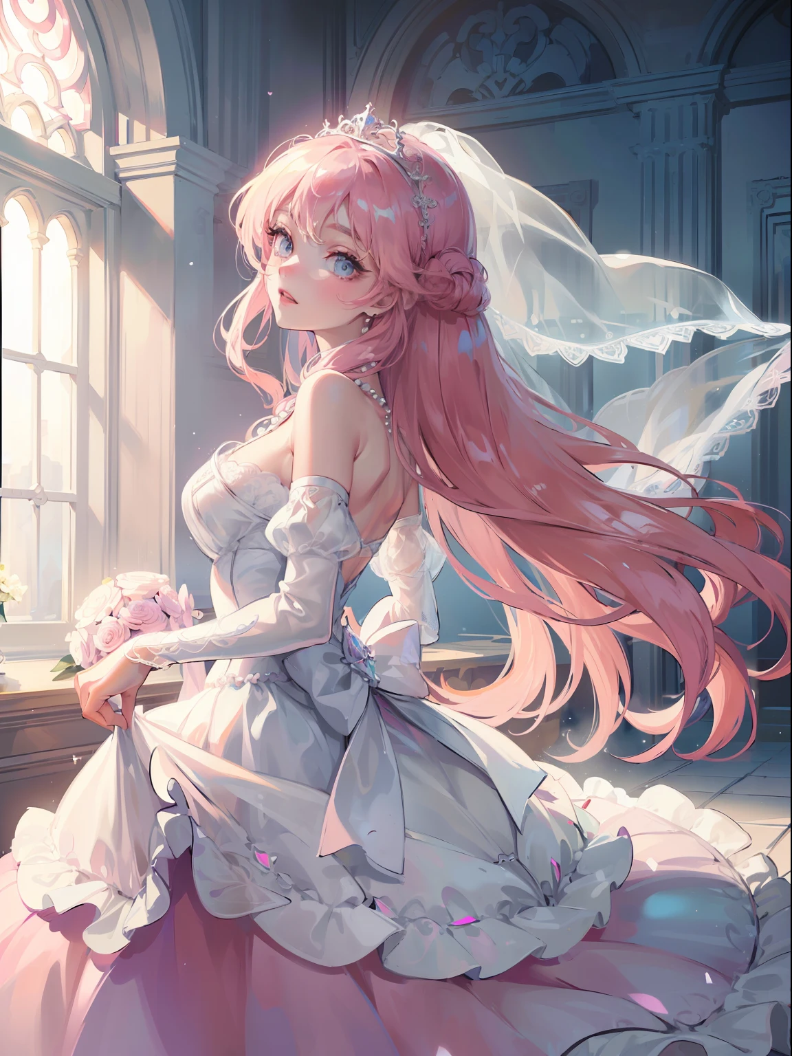 ((Masterpiece)), (((Best quality)))), ((Super detail)), ((illustration)), finedetail, Ultra-delicate CG unified 8k, A high resolution, {Beautiful detail eyes}, finedetail, Beautiful detail eyes, Illustration of Anin, Masterpiece, Best quality, Beautiful face, Shining eyes, Front light, Look at the viewer, 1girll, Smile, cheerfulness, blissful, Beautifully decorated accessory necklace, Front view, (((Gradient, Pink, Light blue)), Wearing a white off-the-shoulder wedding dress,Delicate lace and pearls adorn the shape of the flowers, Stand on the steps of the church, Light up white, Radiant skin, posed for photo, Light and wings descend from the sky , Bright shades, The bride has a long veil, Sparkling tiara, Double-sided bread, Pink Long Hair, chies,White stockings
