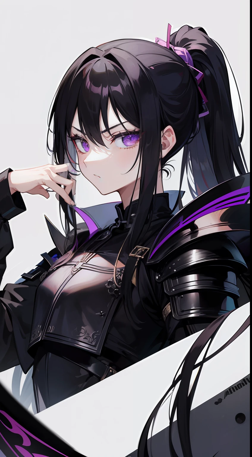 adult man, Long black hair, high ponytail, violet eyes, Fantasy, Korean Demon Armor, anger, Masterpiece, hiquality
