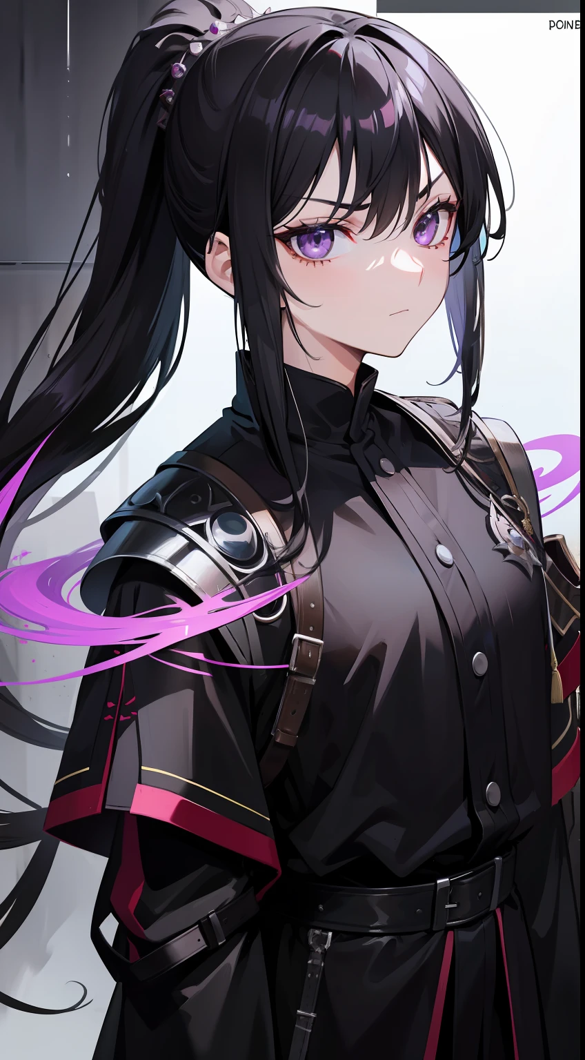 adult man, Long black hair, high ponytail, violet eyes, Fantasy, Korean Demon Armor, anger, Masterpiece, hiquality