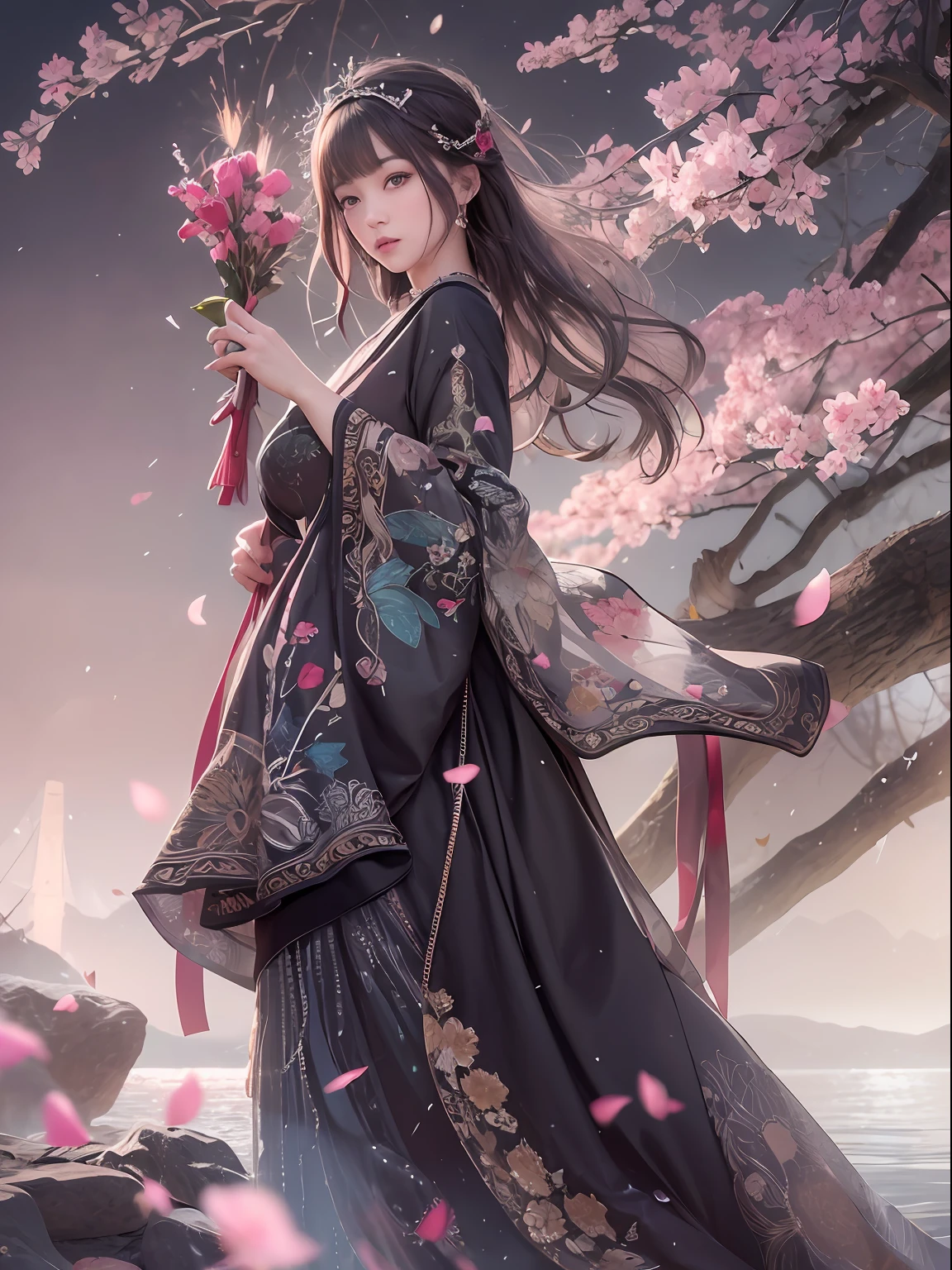 loose outfit、Show shoulders、dark colored kimono、How to wear a black gown、Decorated with intricate patterns and bright colors、Transparent material that makes the skin shine、Artistic depiction of seductive woman in gown with wet thin cloth and transparent skin, Floral and fantastic pattern with flowing silky traditional see-through skin。Her dress draped elegantly around her curvaceous figure、Emphasizes her charming silhouette。She's a gentle fireworks night、Dynamic Posing、Sexy Posing、bathed in the soft glow of moonlight。The scene is、With a hint of mystery and sensuality、It exudes an ethereal dreamy atmosphere。The image style is、It incorporates a blend of watercolor and digital illustration techniques.、It makes you feel delicate beauty and charm。Soft moonlit lighting、Cast gentle highlights and shadows on her mesmerizing features。Dynamic Posing、Bold poses、The hand is somewhere、see -through、show through、A sexy、Wet hair、Wet、(cherry trees、flower petals、cherryblossom、The cherry tree、Sakura Snowstorm 1.5)、buried、Transparent skin、Wet clothes、(Chest 1.2)、Navel Ejection、Swaying in the wind、Burgundy、pale red、(Slouch 1.5)、Lace color、lace choker、a choker、Lie on your back on the surface of the water、New lining、