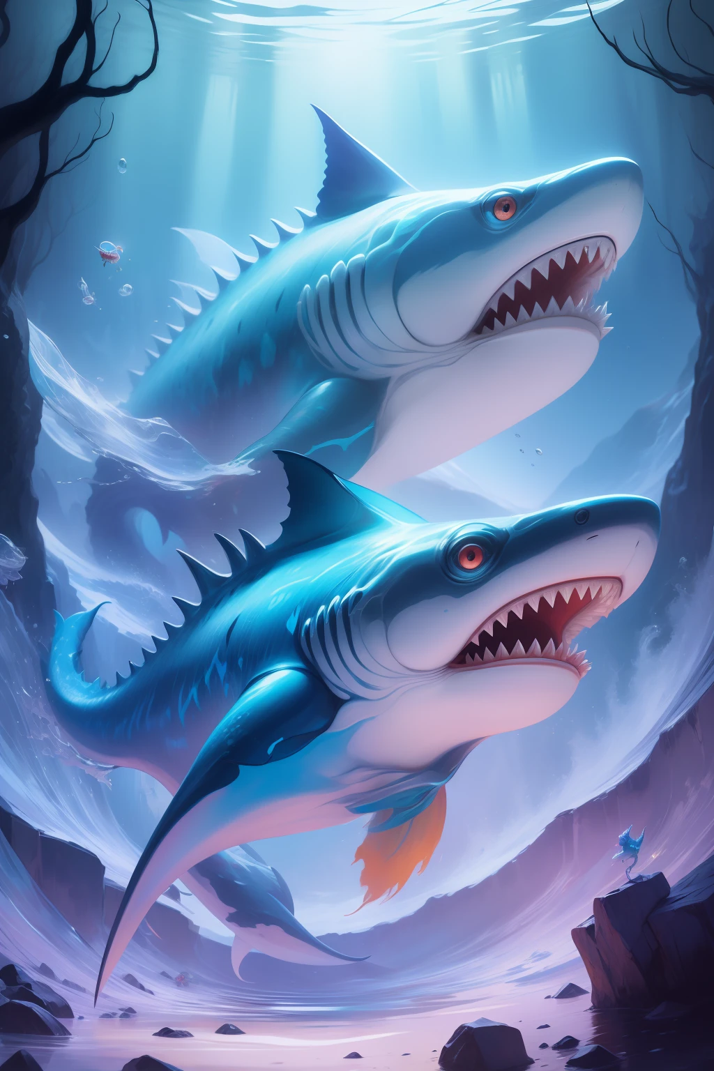 A Vanz monster design，intriguing，ultra - detailed，adolable，A mix of sharks and tigers，extremely colorful，cross-eye，the sea，wave，combats，Water dances around the body，Crab tongs，musculature，tentaculata，Blue transparent water，glass