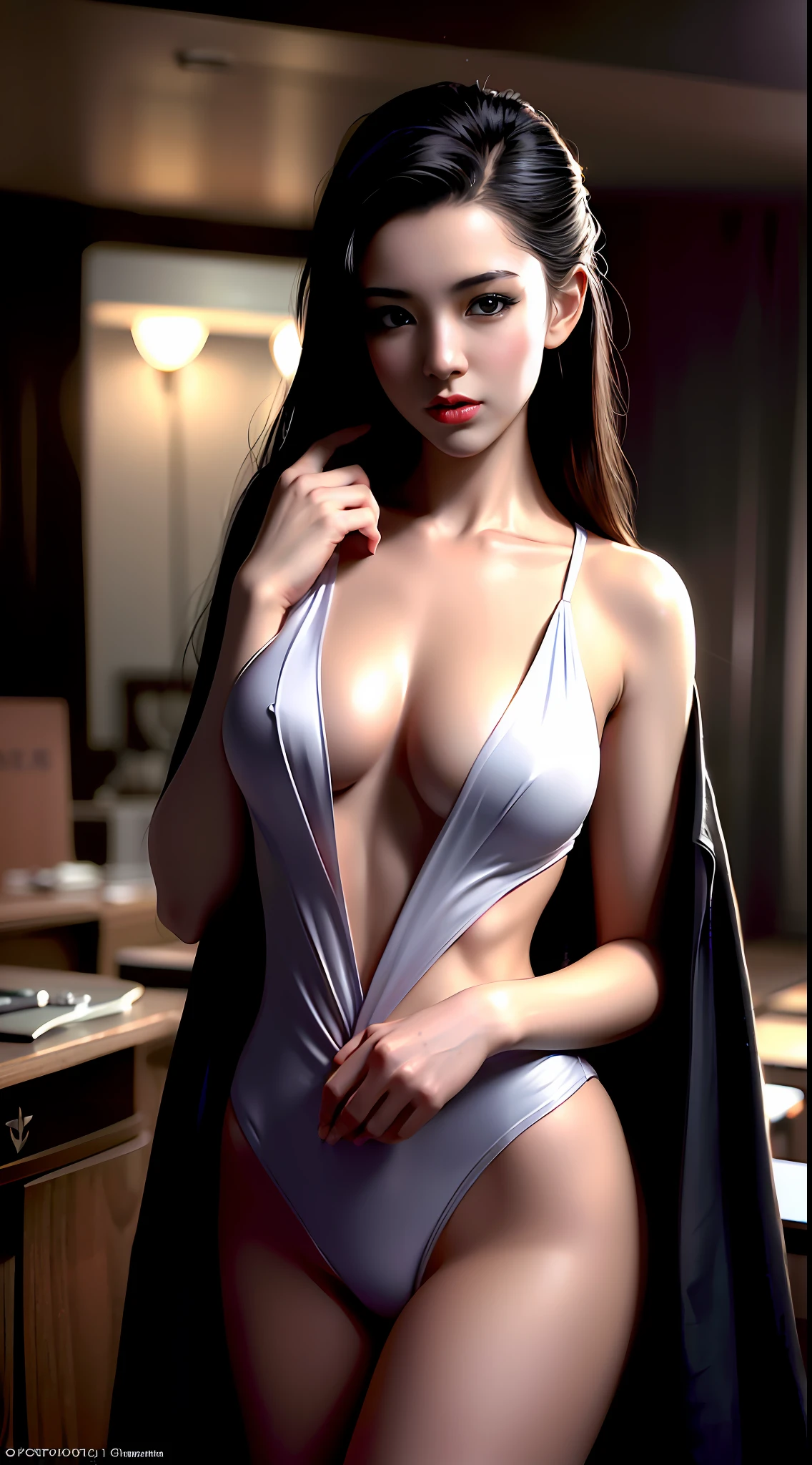 hiqcgbody, highdetailRAWcolorphoto, fit physique, (elegant, Beautiful face), (skin detailed), (oil: 0.6), (tesla coils: 0.4), Soft light, (Side light: 0.8), Shadow projection, Deep focus, Shot with Leica 10772 MP, 85mm macro lens, f/8 aperture, cinematic Film still from, (Office girl, Sexy), Long hair, fashion princess, (Office girl, Sexy), Long hair, fashion princess, (Extremely detailed) (Extremely detailed and expressive eyes) (Small face) (small, Expressive eyes) _, delicate little , Exposed breasts, exhibitionists))), Exposed clothes