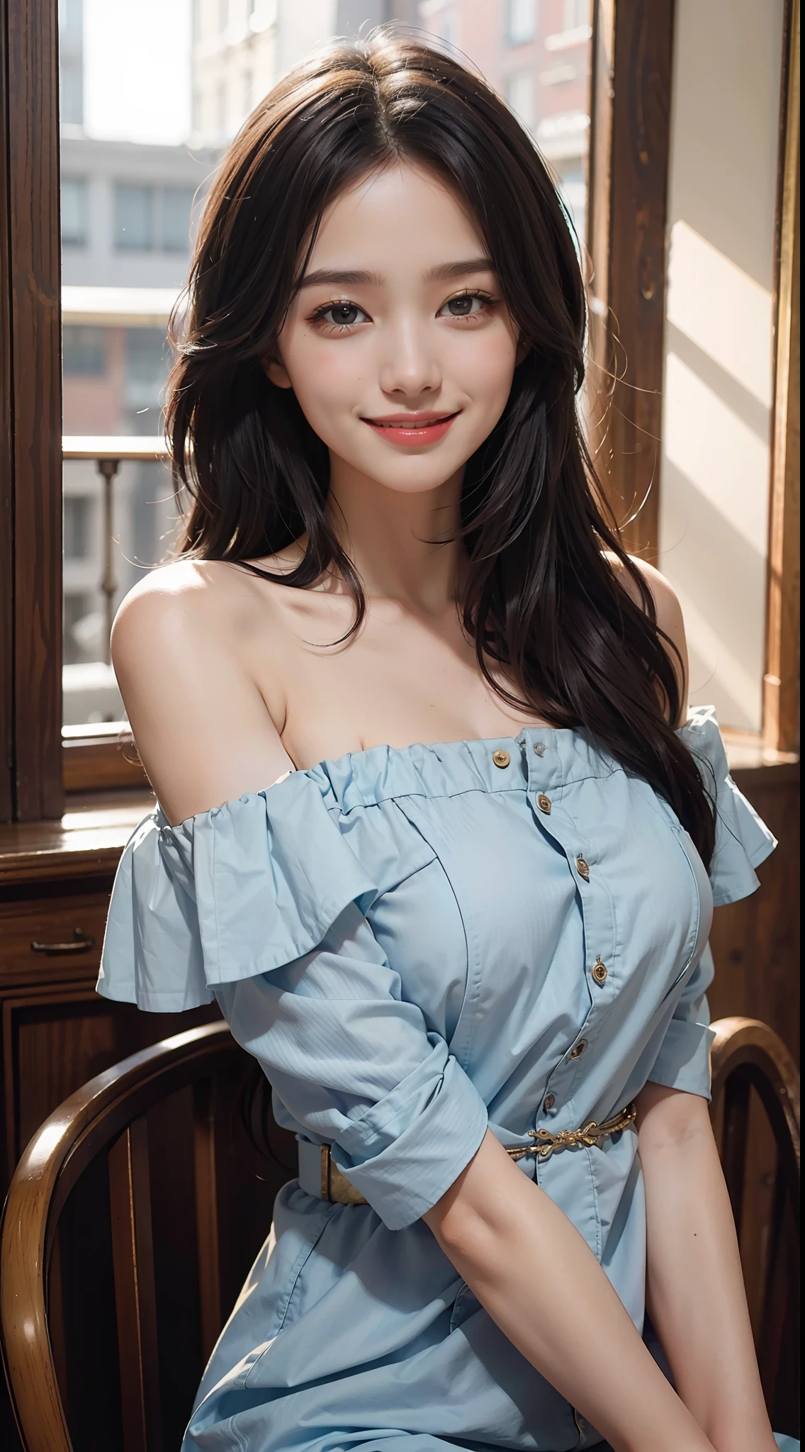 best quality, masterpiece, ultra high res, photorealistic, 1girl, offshoulder, smile